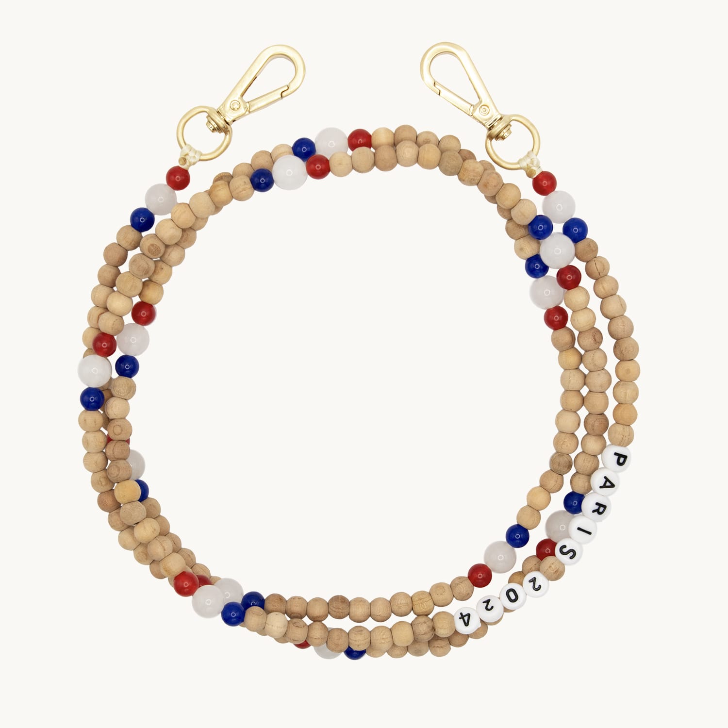 Bandoulière en perles de bois avec deux mousquetons dorés