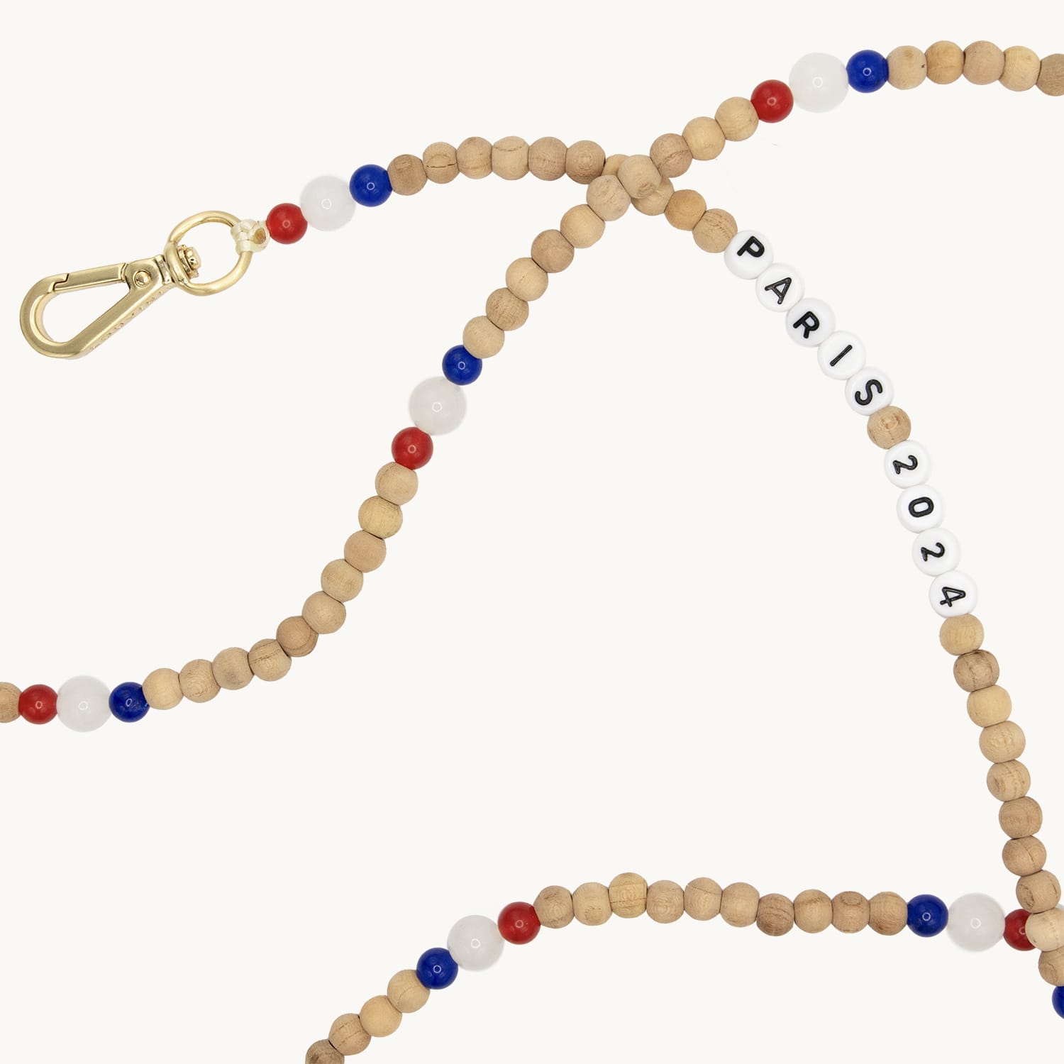 Bandoulière en perles de bois avec deux mousquetons dorés