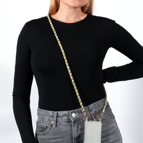 Chaîne pour téléphone dorée avec tissu bandana vert