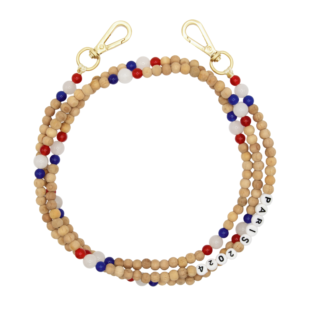 Bandoulière en perles de bois avec deux mousquetons dorés