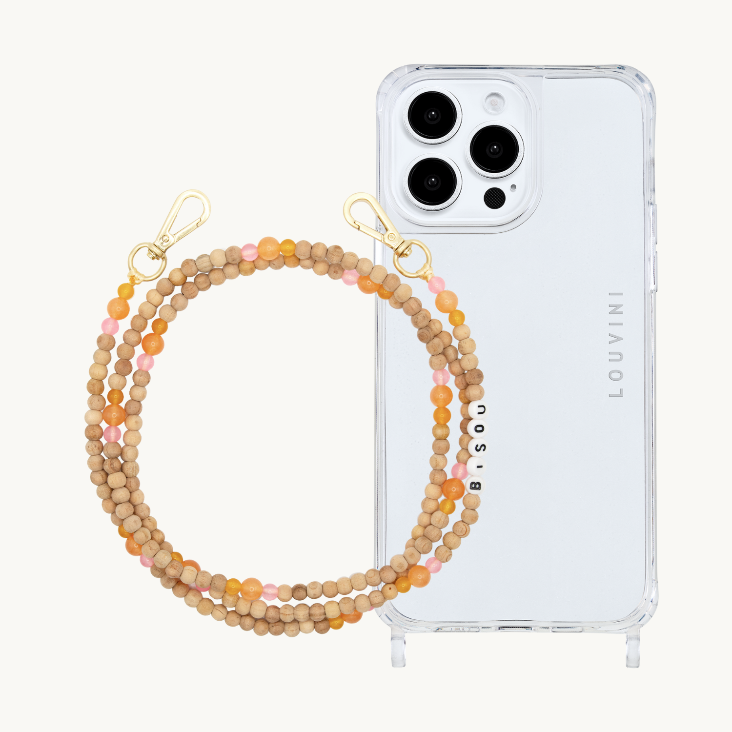 ensemble coque iPhone et chaîne de téléphone en perle de bois