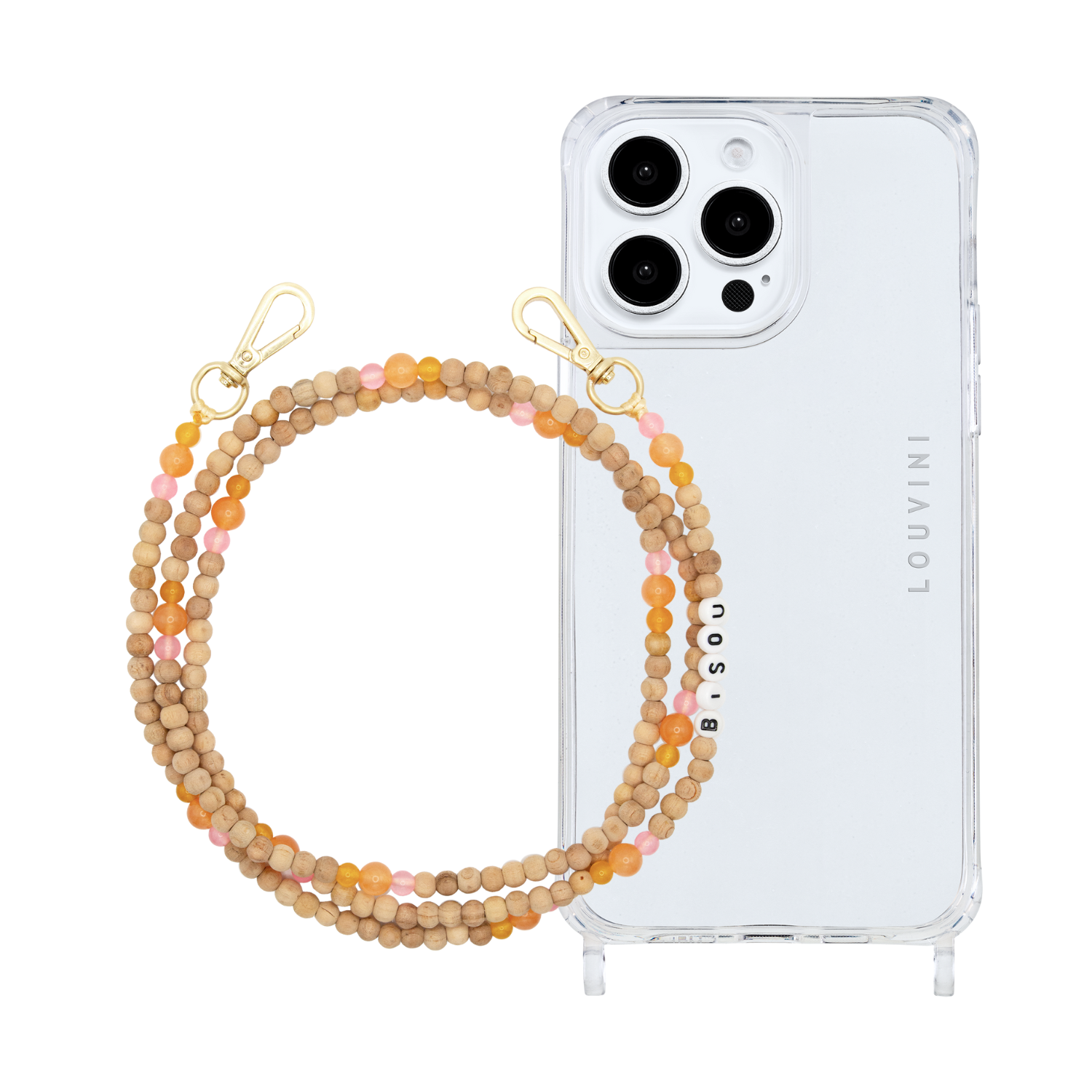ensemble coque iPhone et chaîne de téléphone en perle de bois