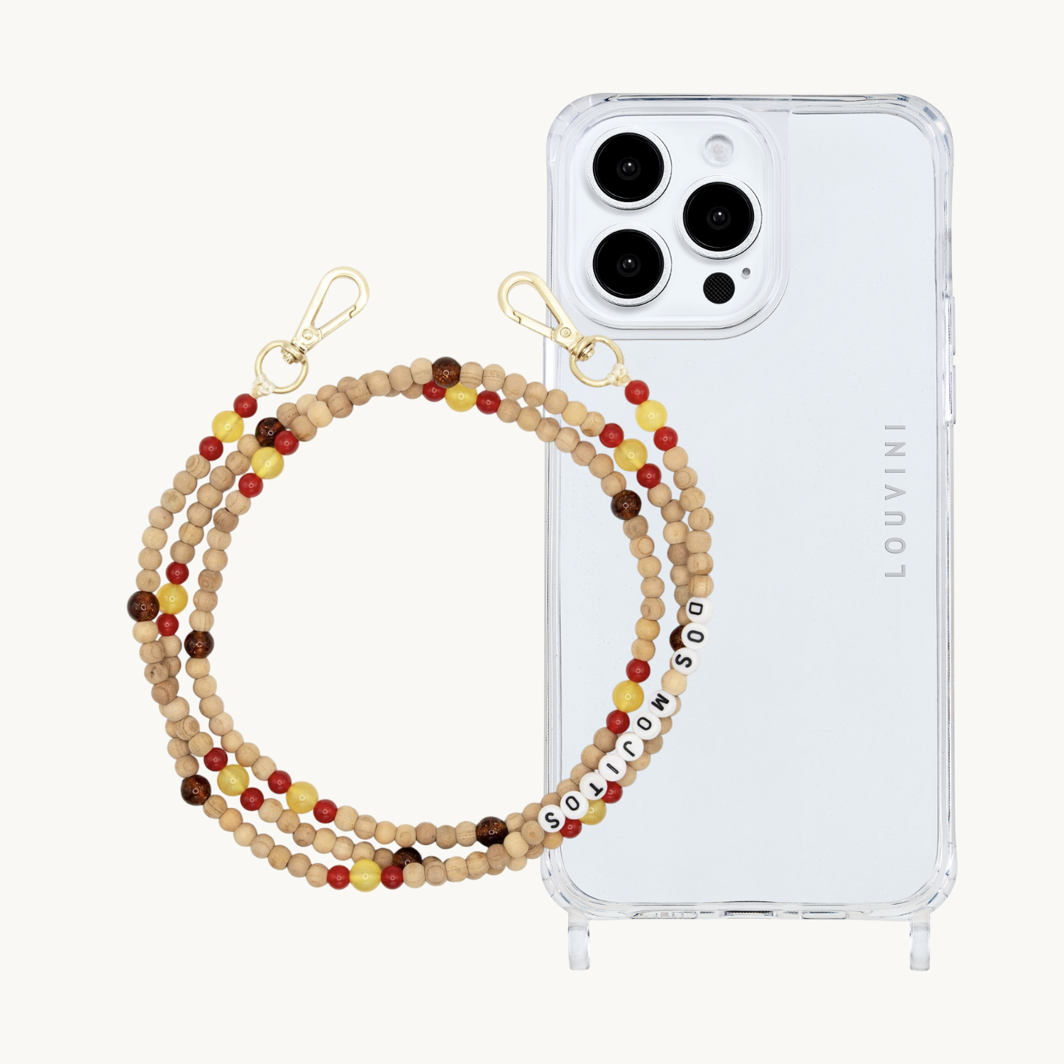 ensemble coque iPhone et chaîne de téléphone en perle de bois