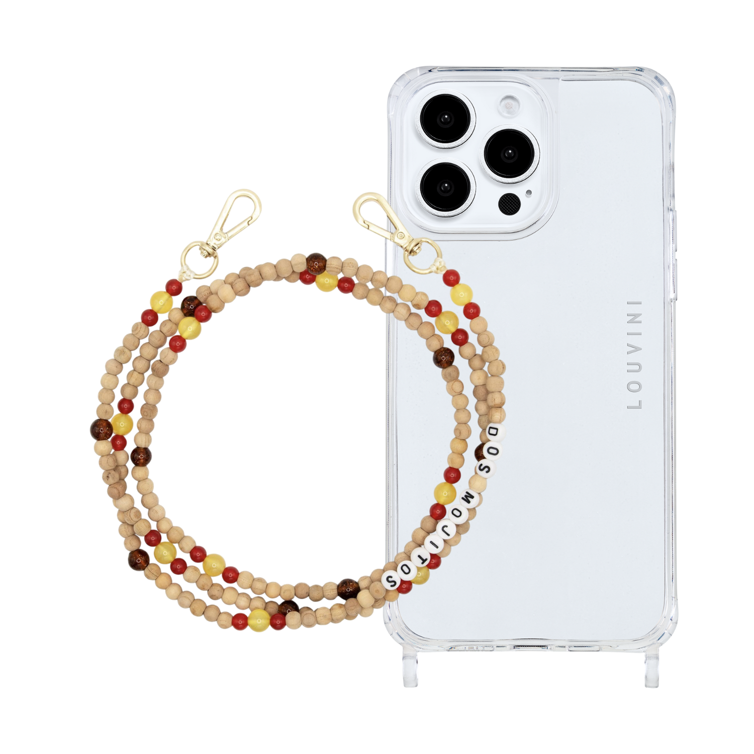 ensemble coque iPhone et chaîne de téléphone en perle de bois