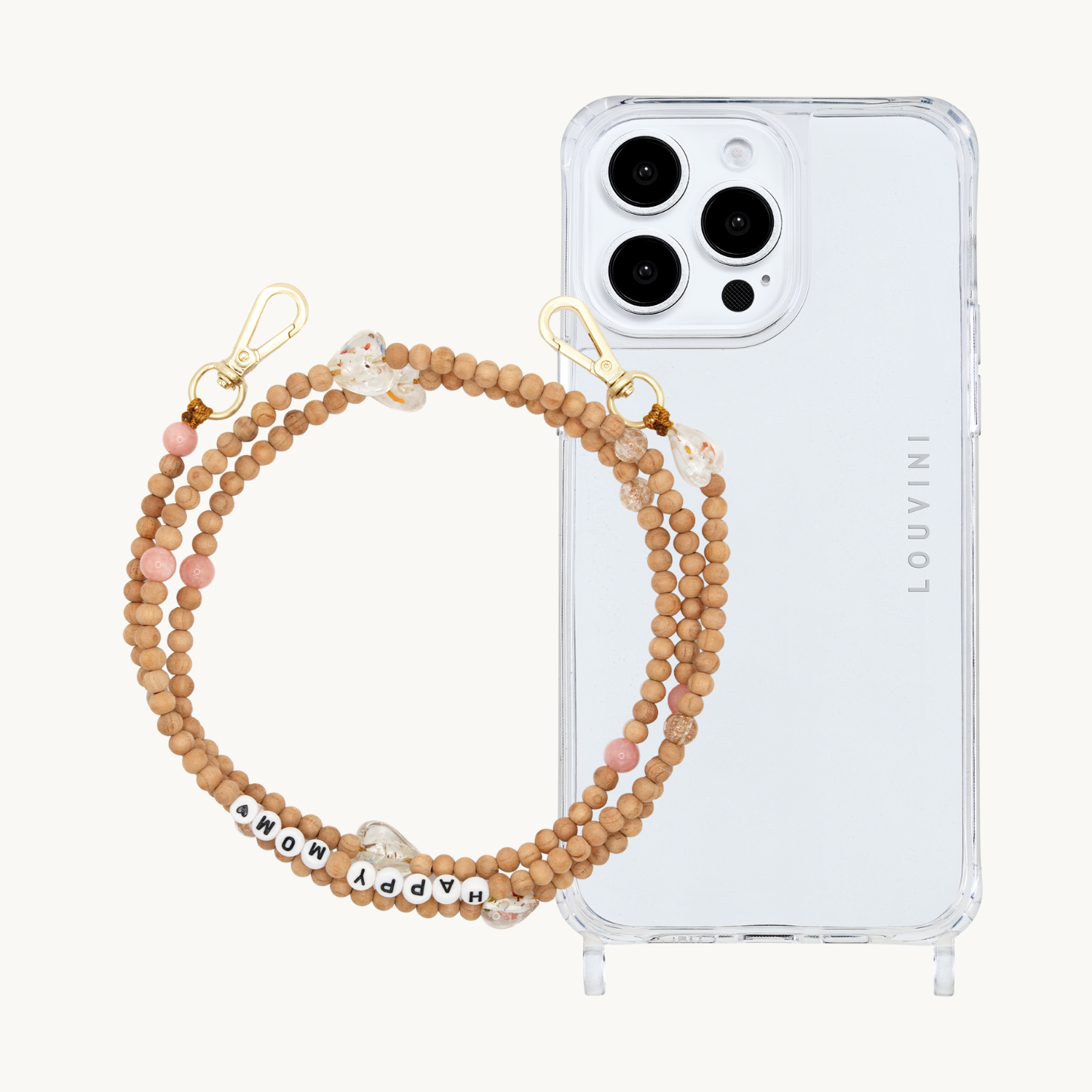 ensemble coque iPhone et chaîne de téléphone en perle de bois