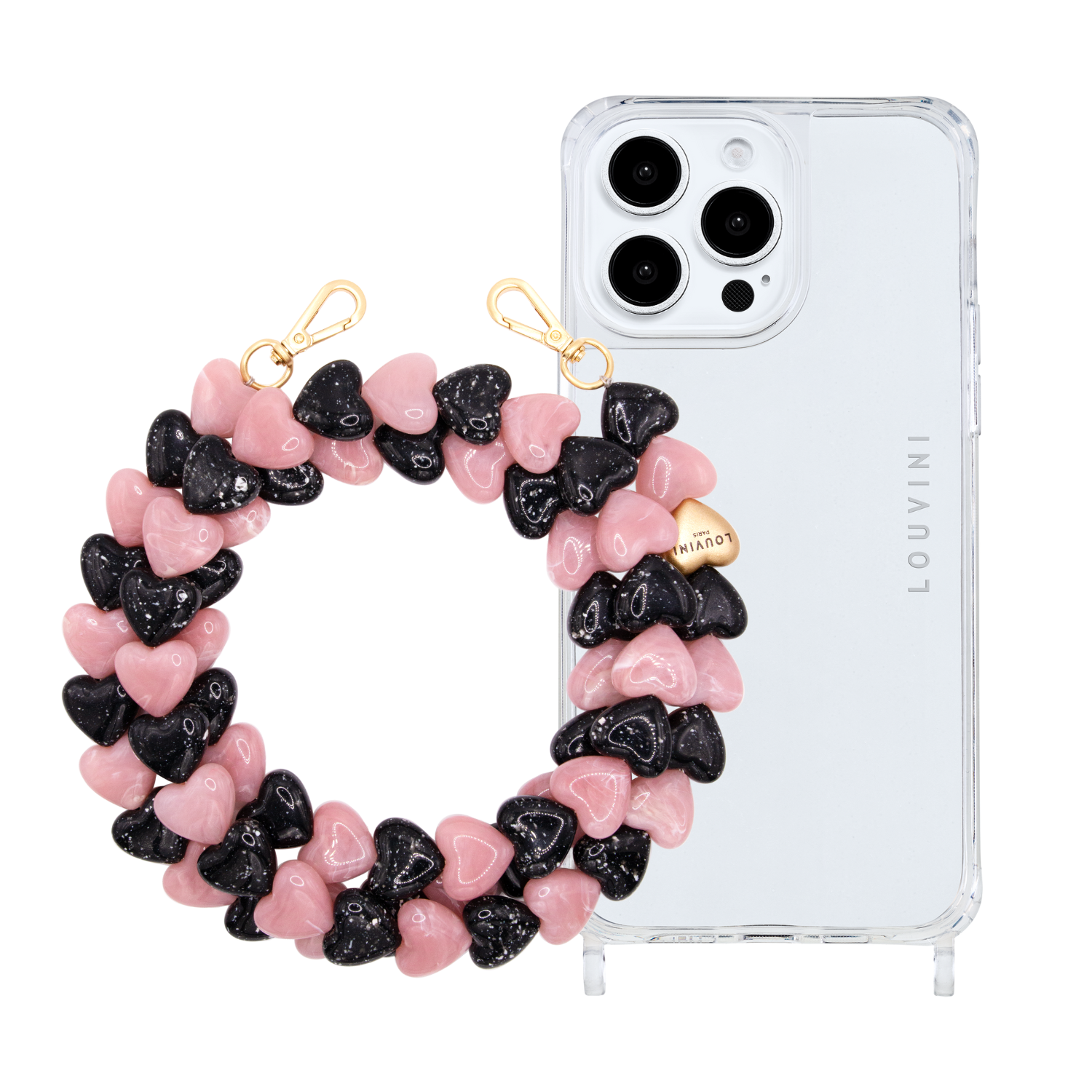 ensemble coque iPhone et chaîne de téléphone en forme de coeur résine