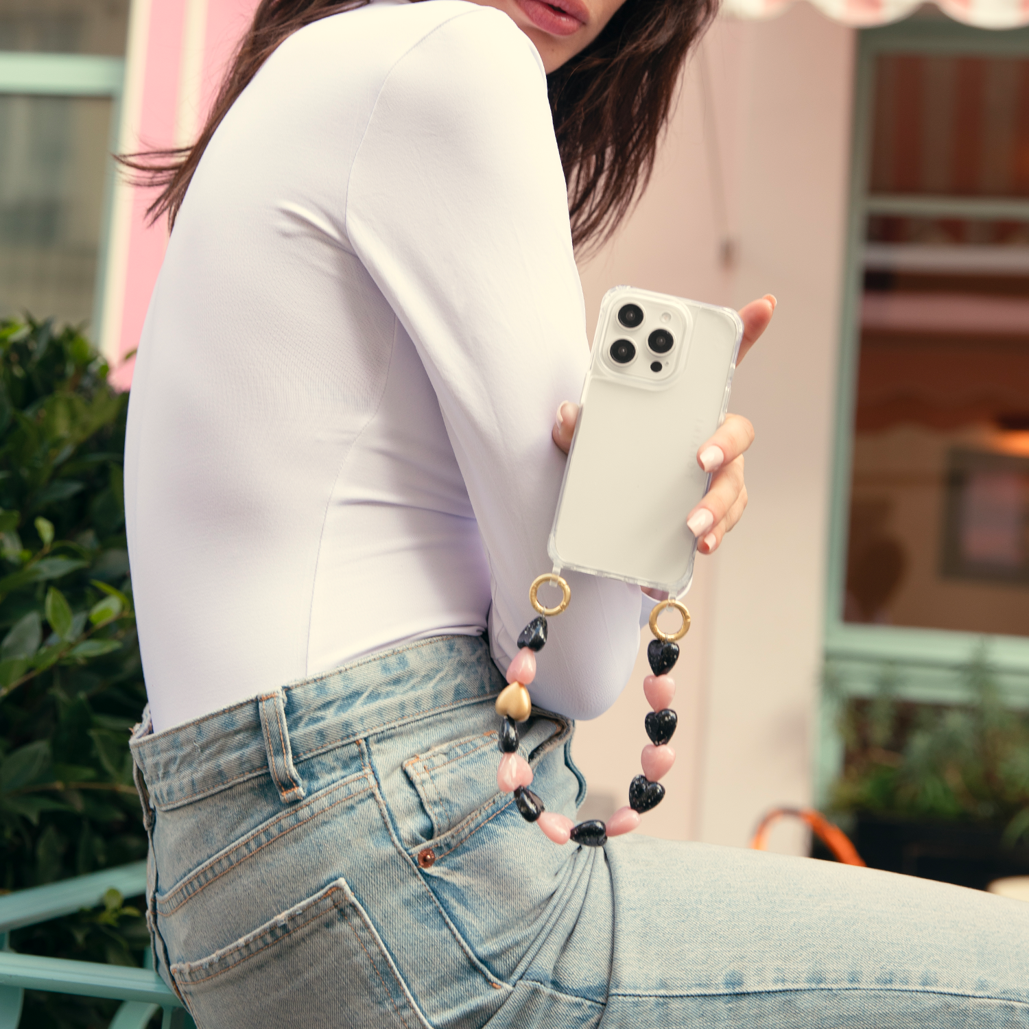 ensemble coque pour téléphone transparente avec bracelet coeur noir rose