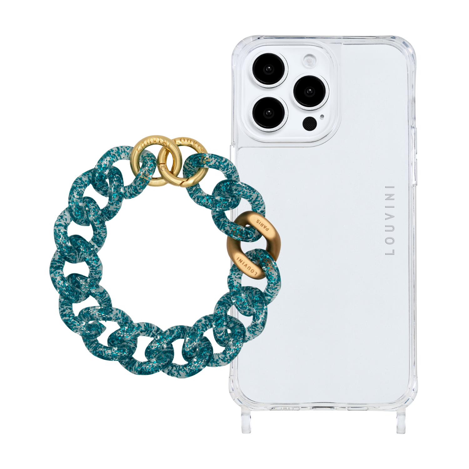 Ensemble coque pour téléphone transparente avec bracelet bleu paillette