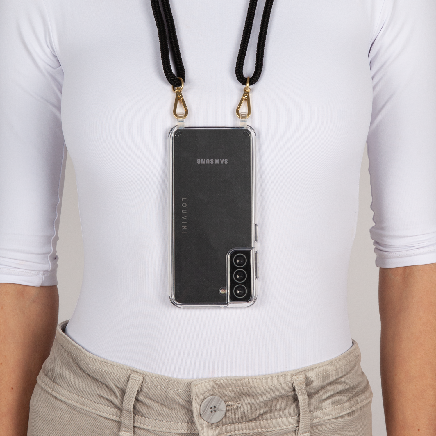 coque de téléphone transparente avec cordon noir ajustable