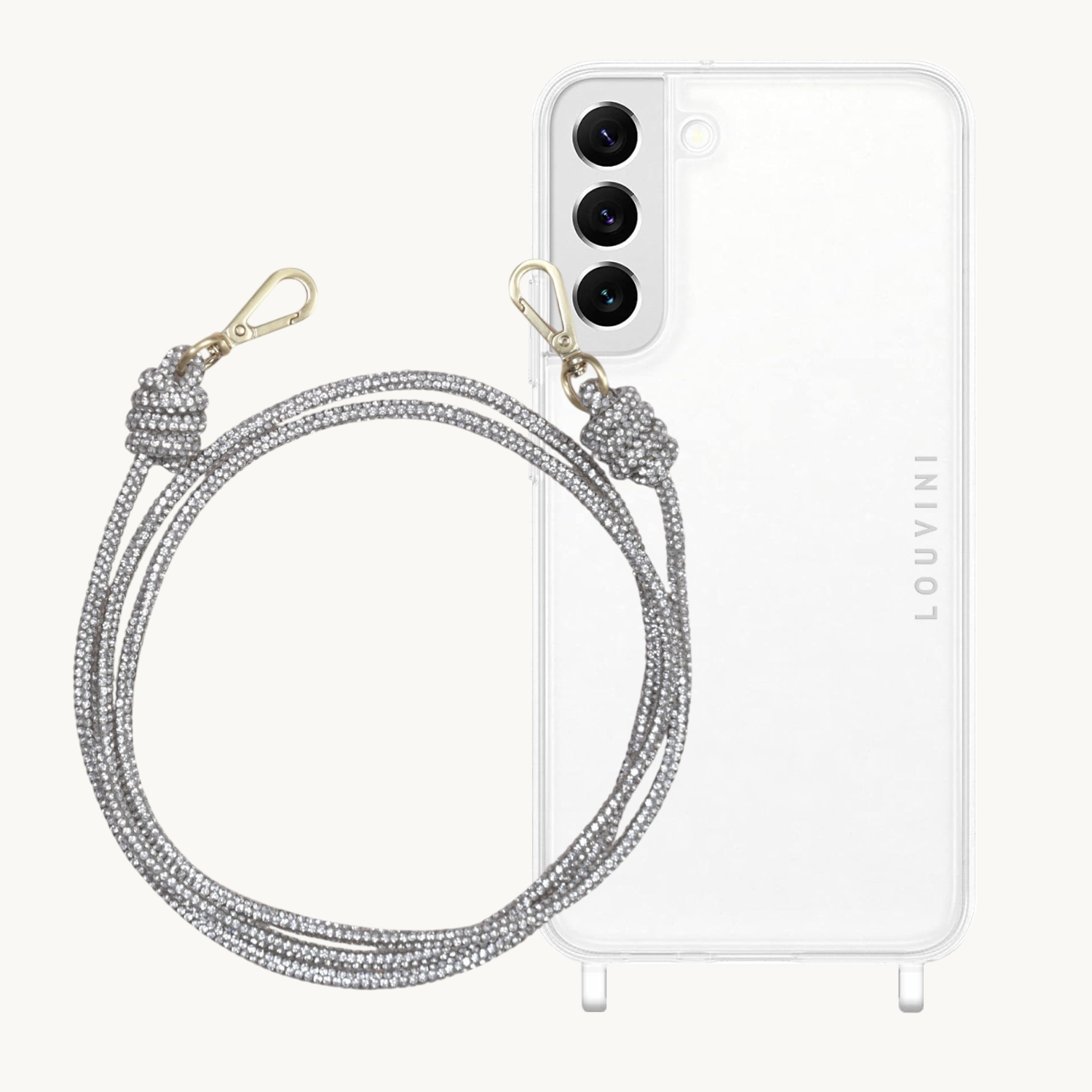 ensemble coque samsung et cordon de téléphone argenté à strass