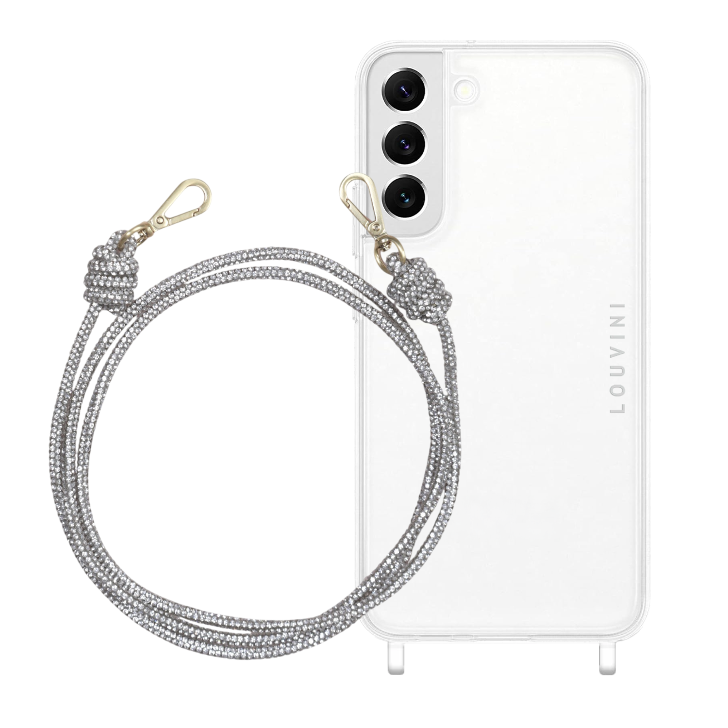 ensemble coque samsung et cordon de téléphone argenté à strass