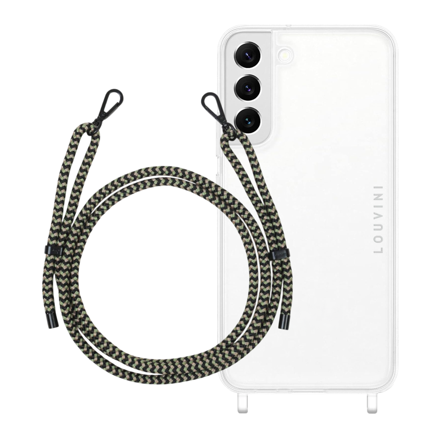 ensemble coque pour téléphone transparente avec cordon noir vert