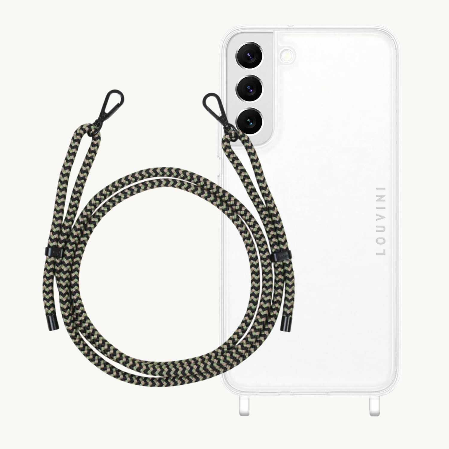 ensemble coque pour téléphone transparente avec cordon noir vert