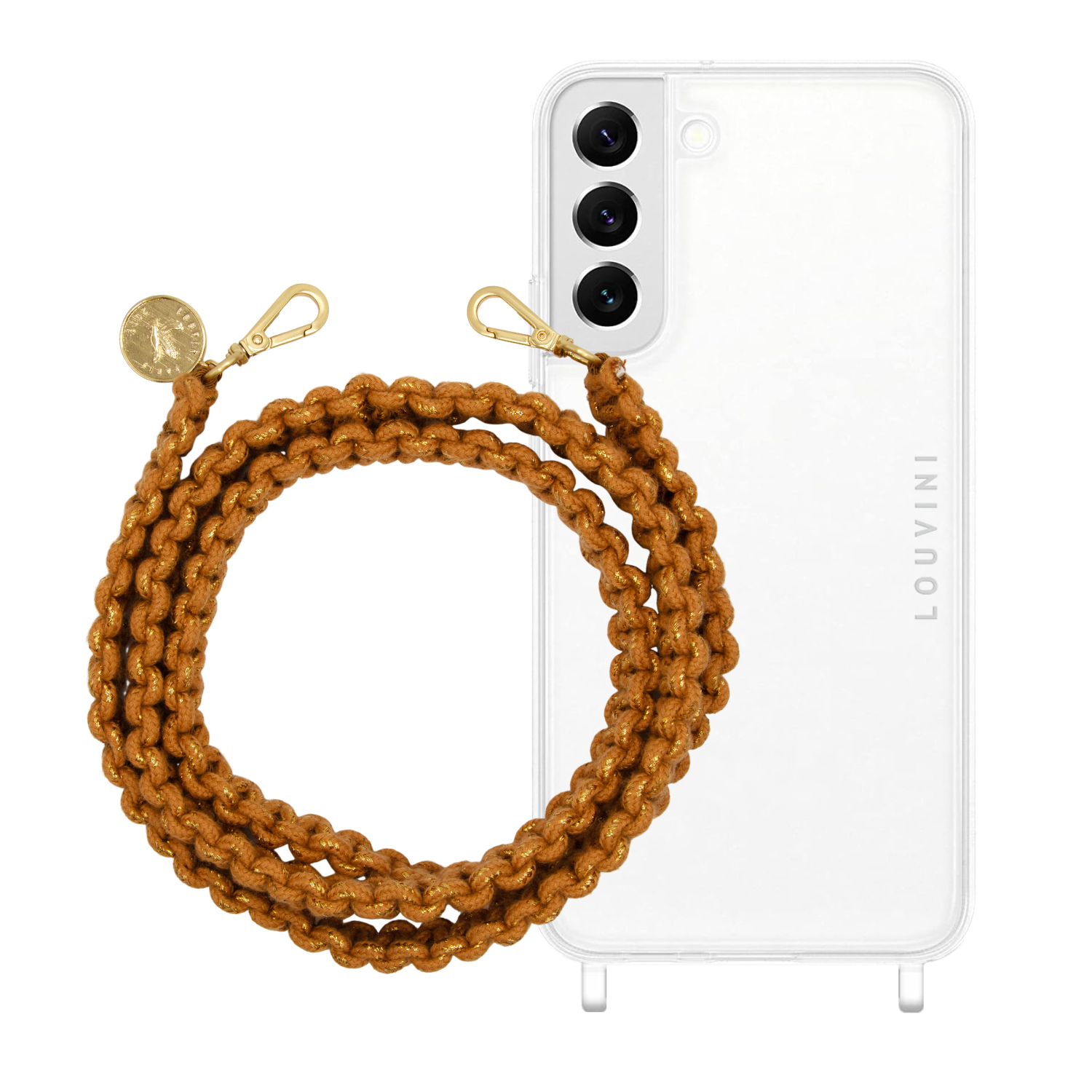 ensemble coque pour téléphone transparente et cordon caramel