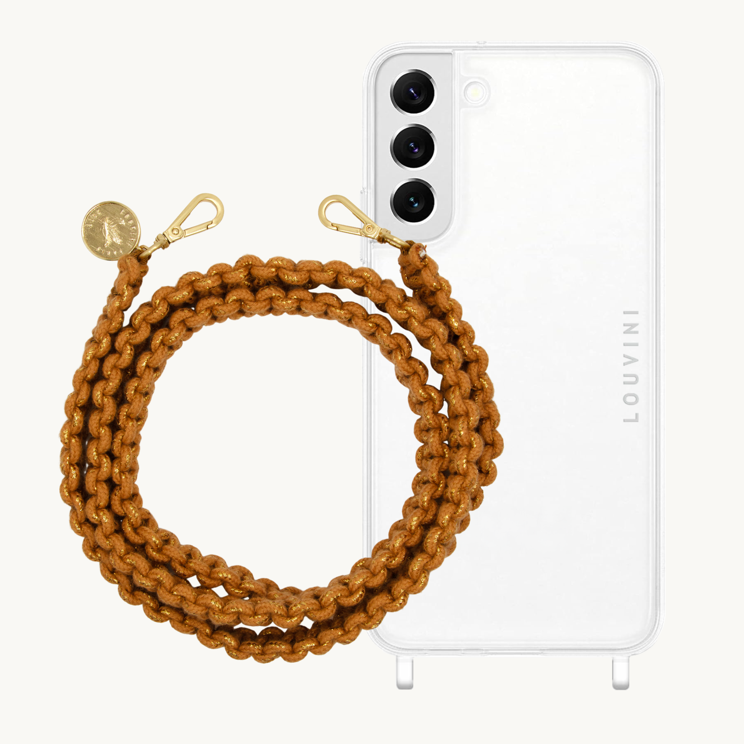ensemble coque pour téléphone transparente et cordon caramel