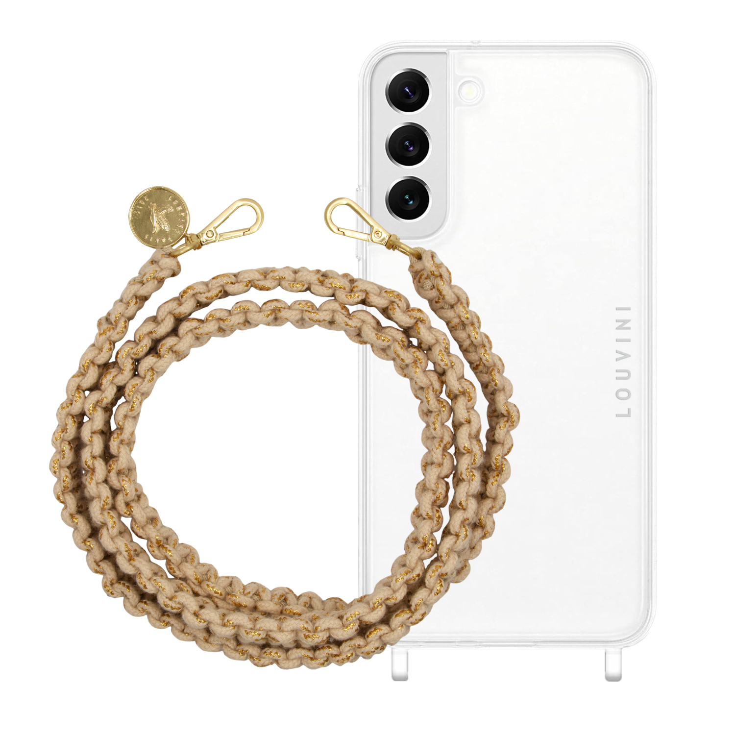 ensemble coque pour téléphone transparente et cordon ecru