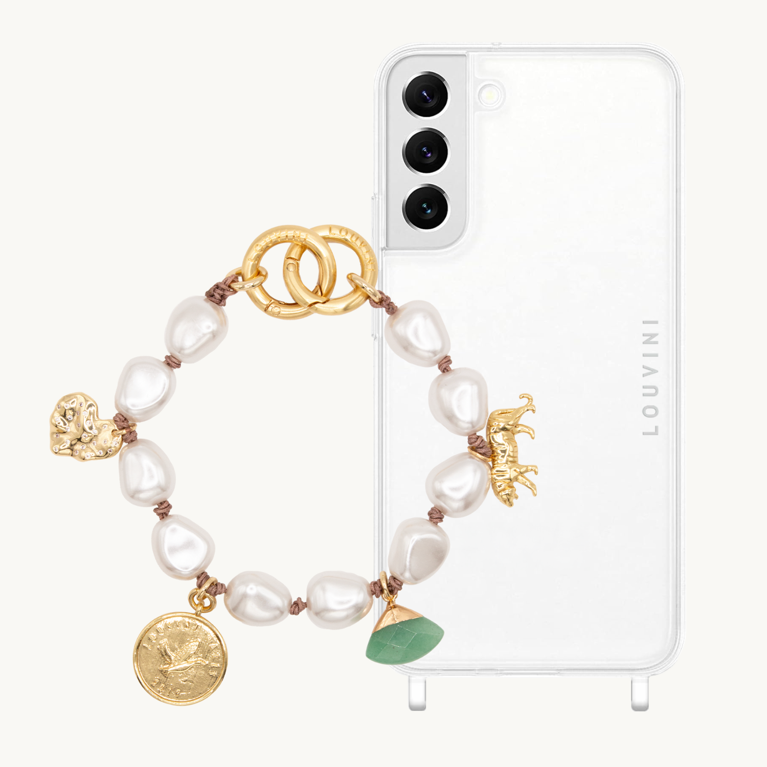 ensemble coque samsung et bracelet de téléphone avec perles blanche et pendentifs
