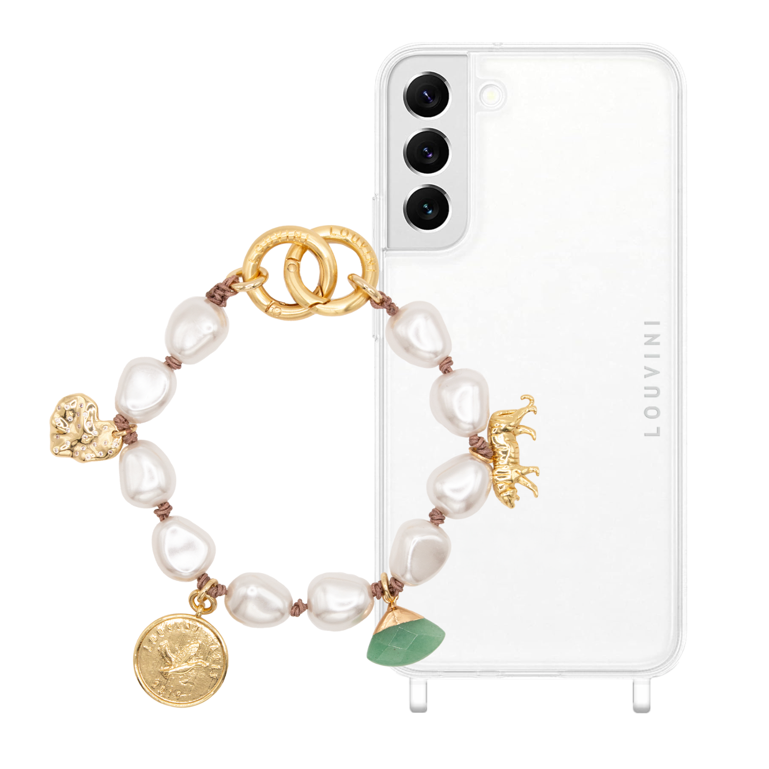 ensemble coque samsung et bracelet de téléphone avec perles blanche et pendentifs
