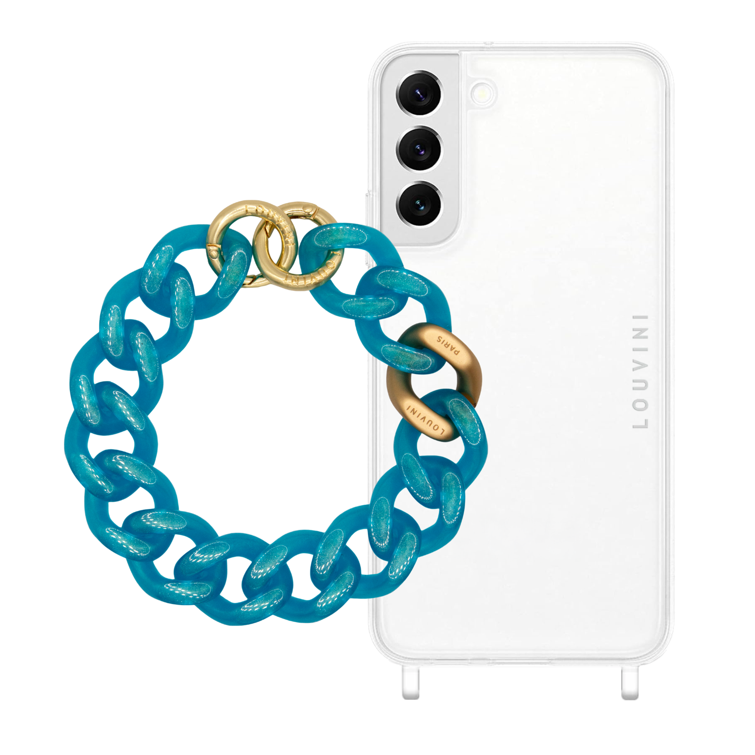 ensemble coque de téléphone transparente avec bracelet bleu