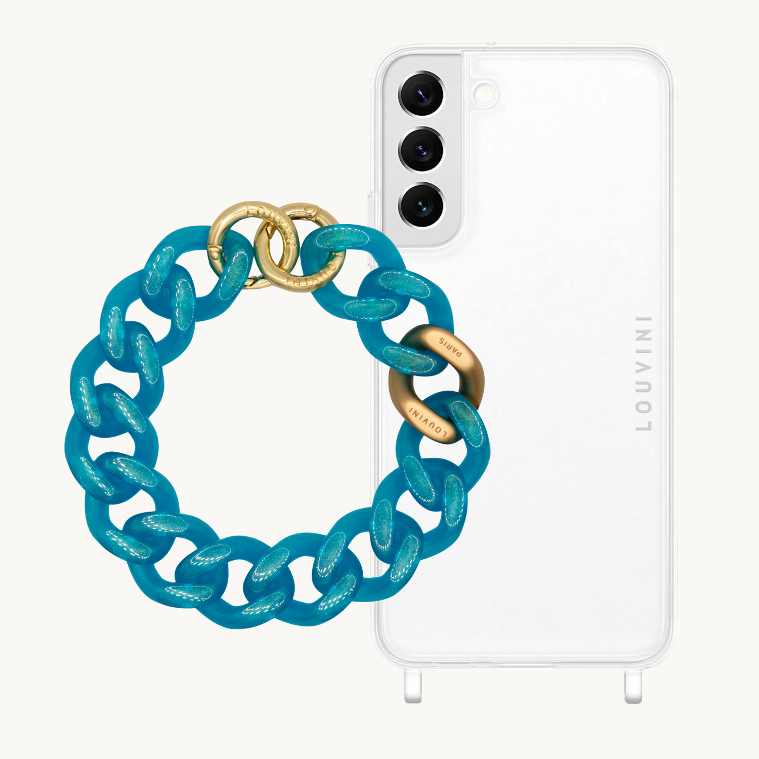 ensemble coque de téléphone transparente avec bracelet bleu
