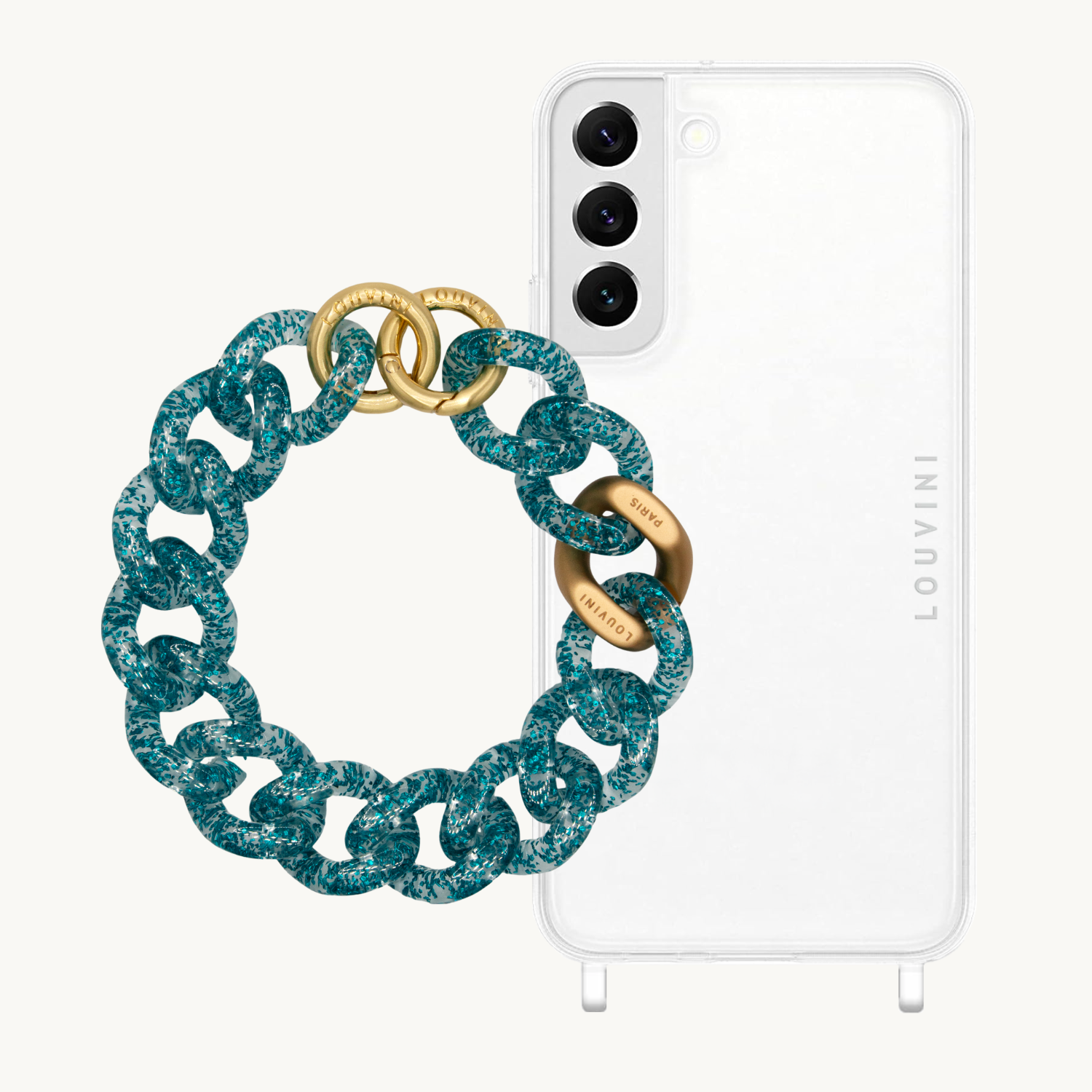 ensemble coque de téléphone transparente avec bracelet bleu paillette