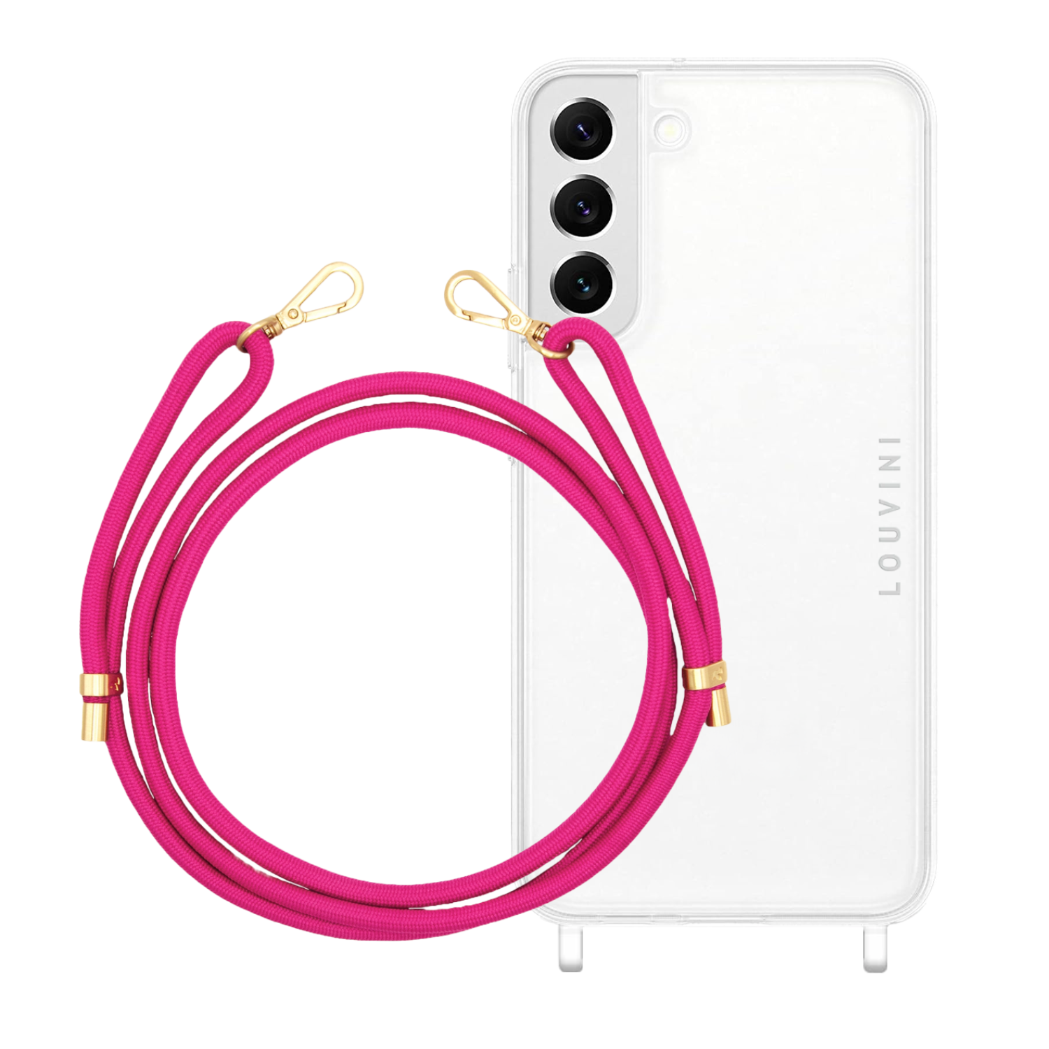 ensemble coque pour téléphone transparente et cordon fuchsia