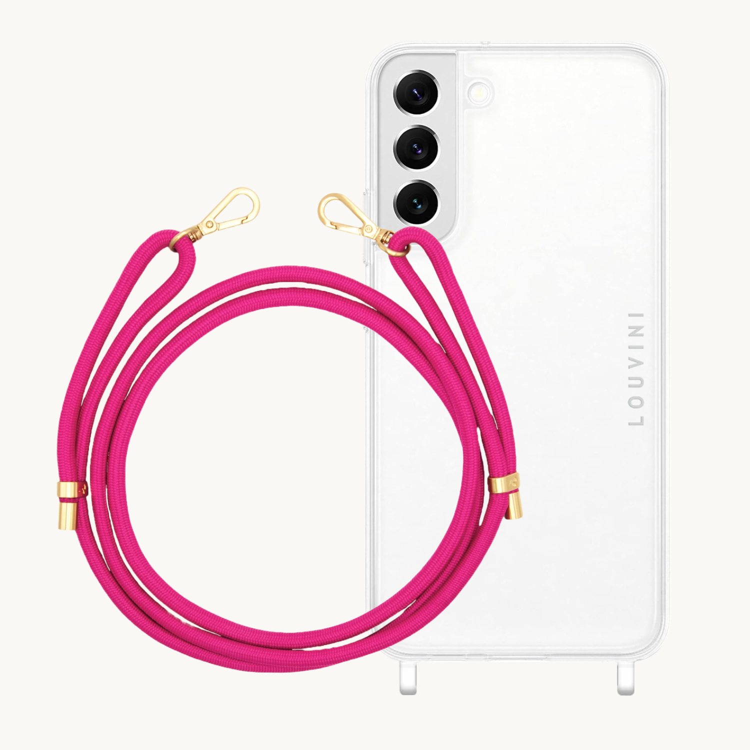 ensemble coque pour téléphone transparente et cordon fuchsia