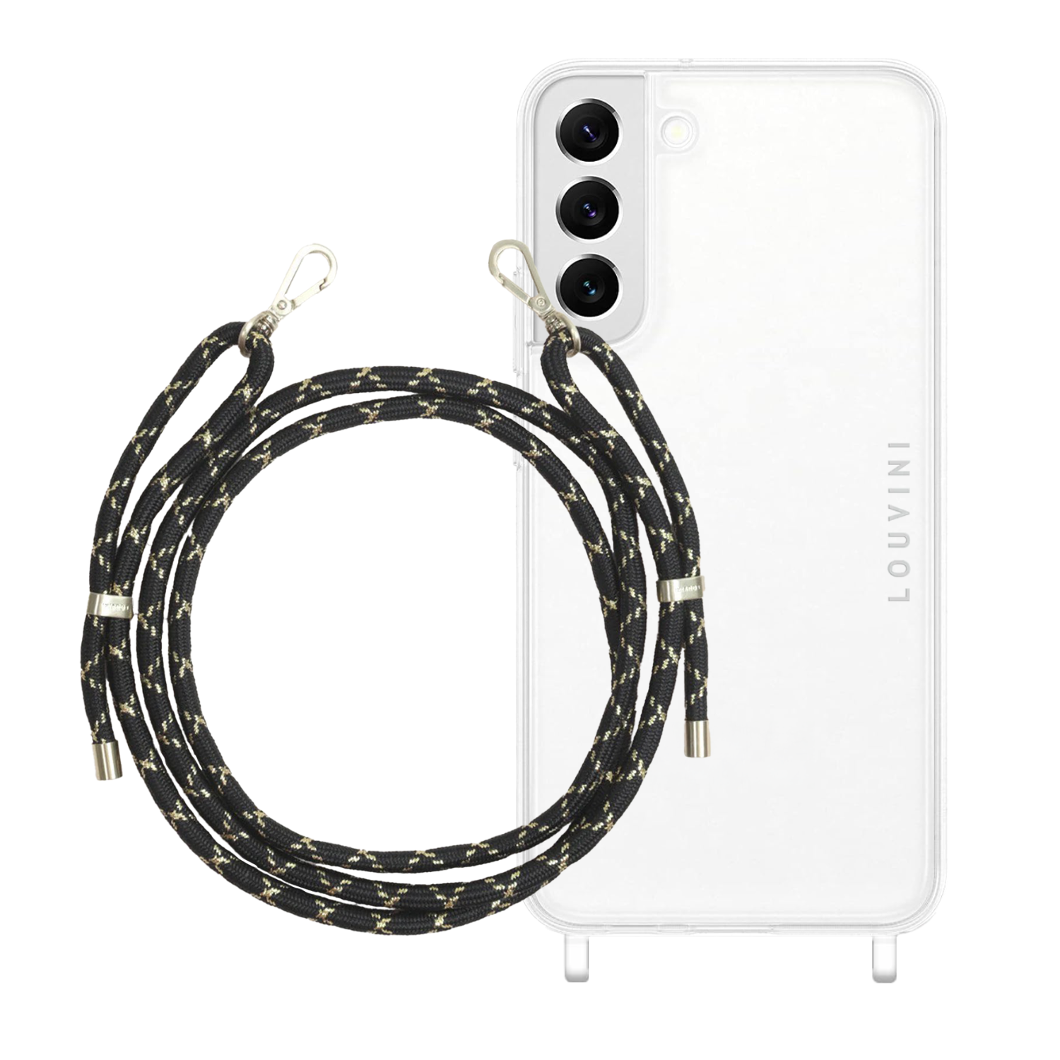 ensemble coque pour téléphone transparente et cordon noir doré
