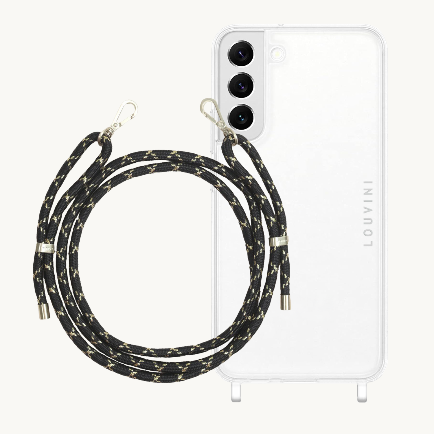 ensemble coque pour téléphone transparente et cordon noir doré