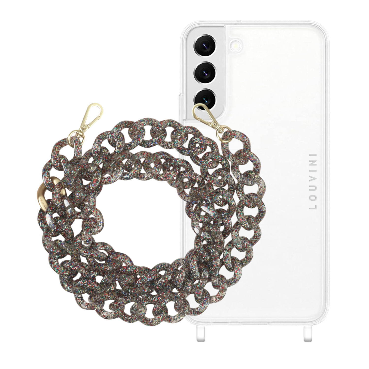 ensemble coque de téléphone transparente avec chaîne paillette