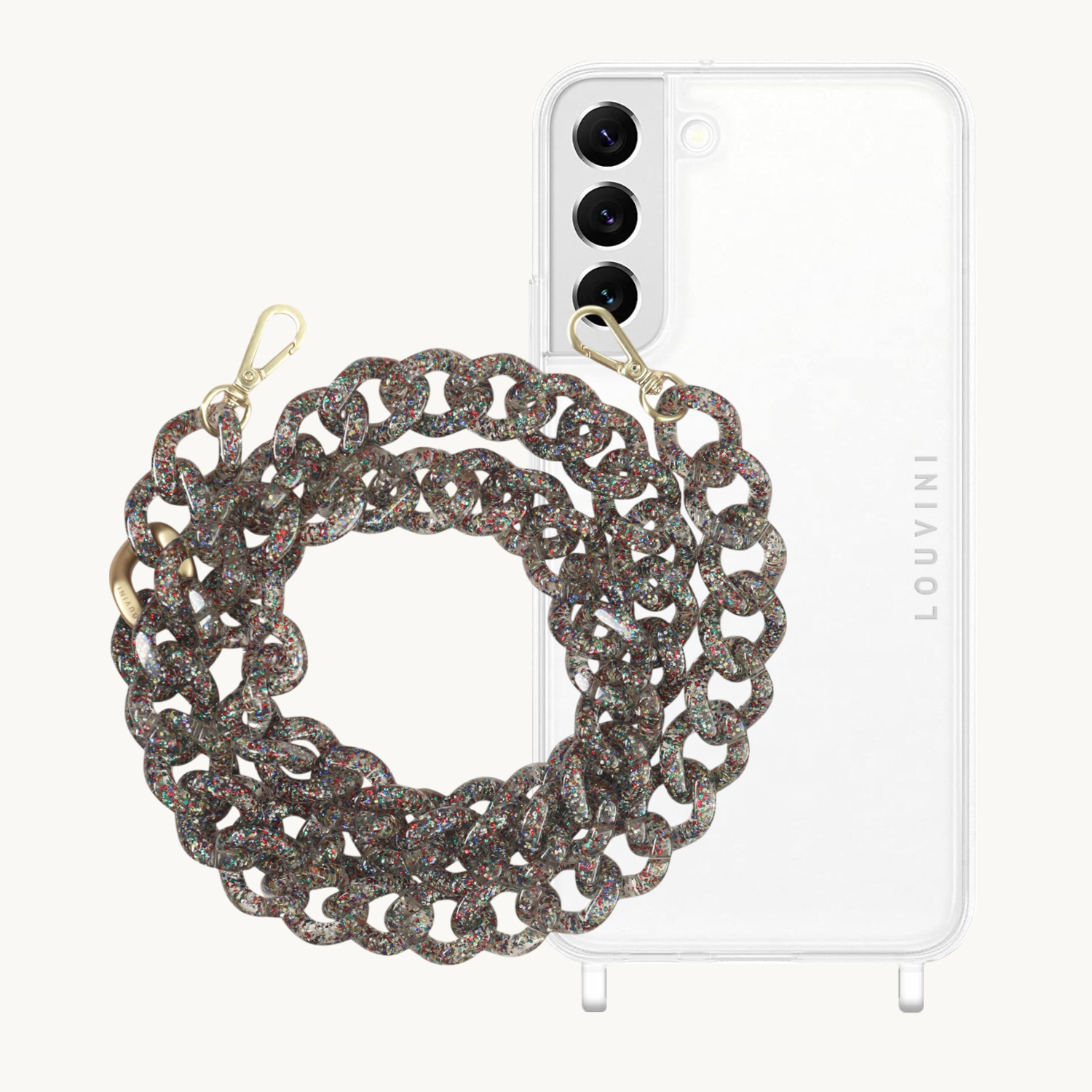 ensemble coque de téléphone transparente avec chaîne paillette