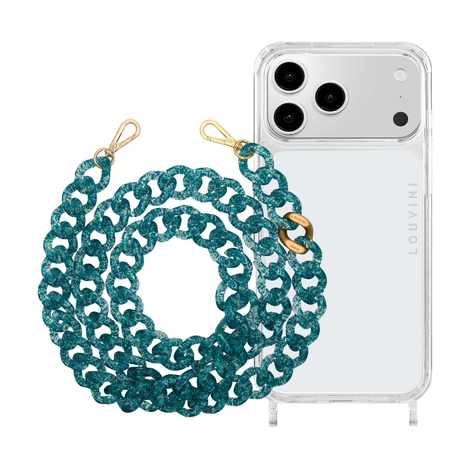Coque iPhone CHARLIE & chaîne ZOE Bleu Pailleté