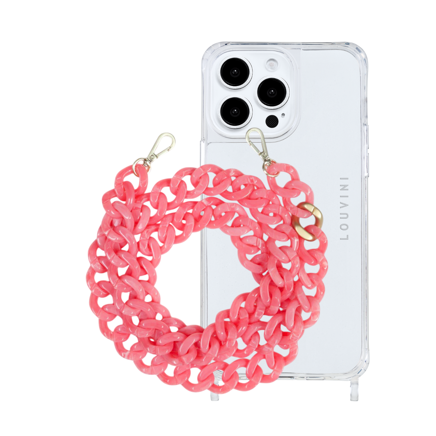 ensemble coque de téléphone transparente et chaîne rose