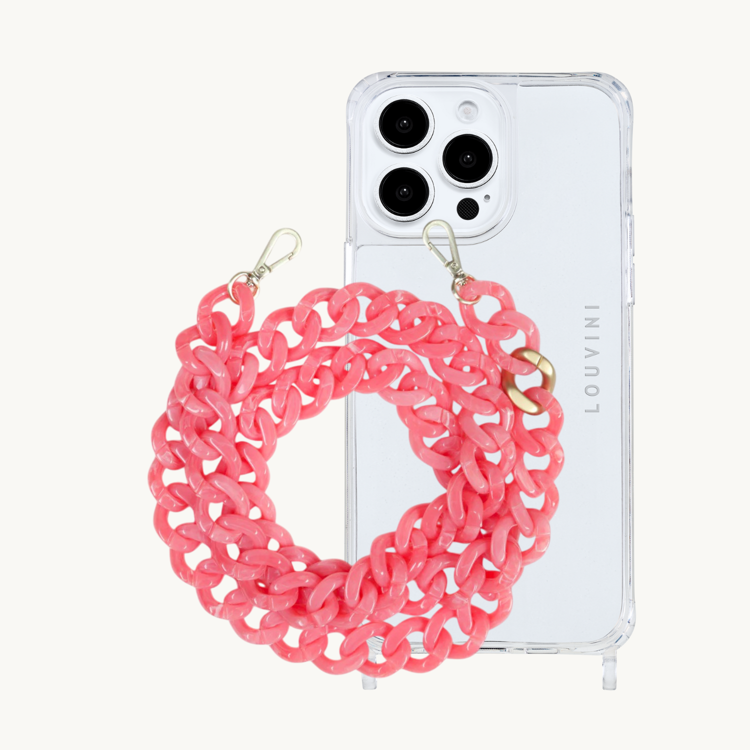 ensemble coque de téléphone transparente et chaîne rose