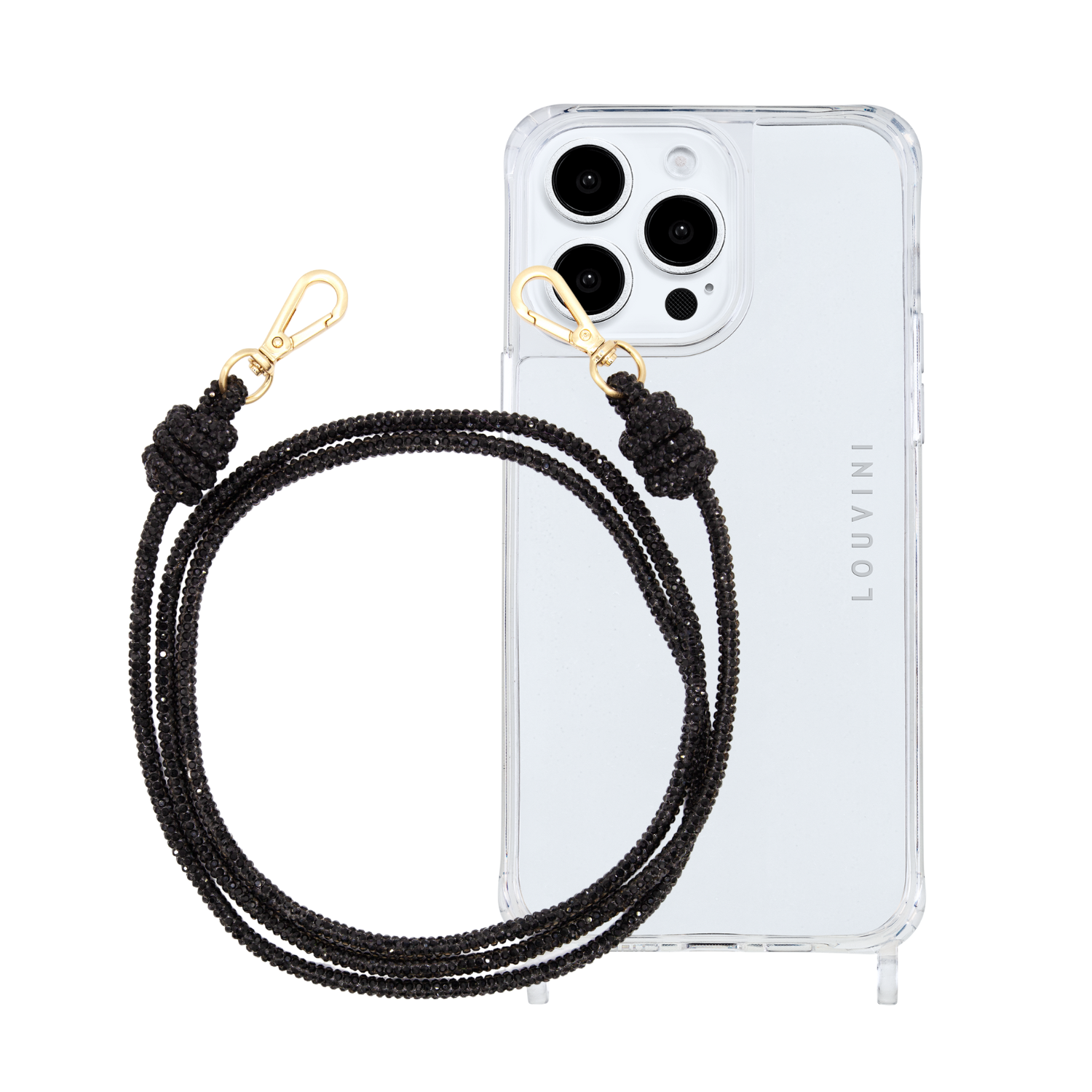 ensemble coque de téléphone transparente et chaîne paillette noire