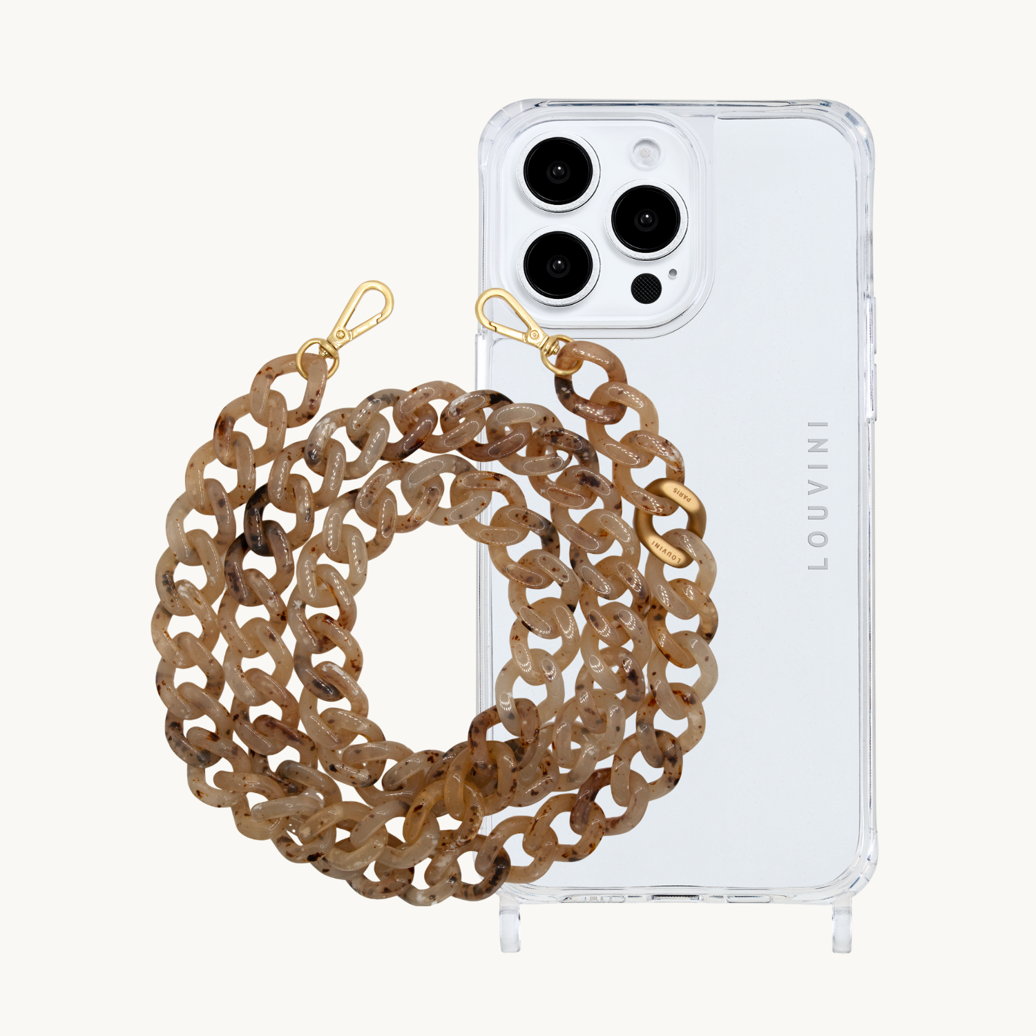 ensemble coque de téléphone transparente et chaîne beige ecaille
