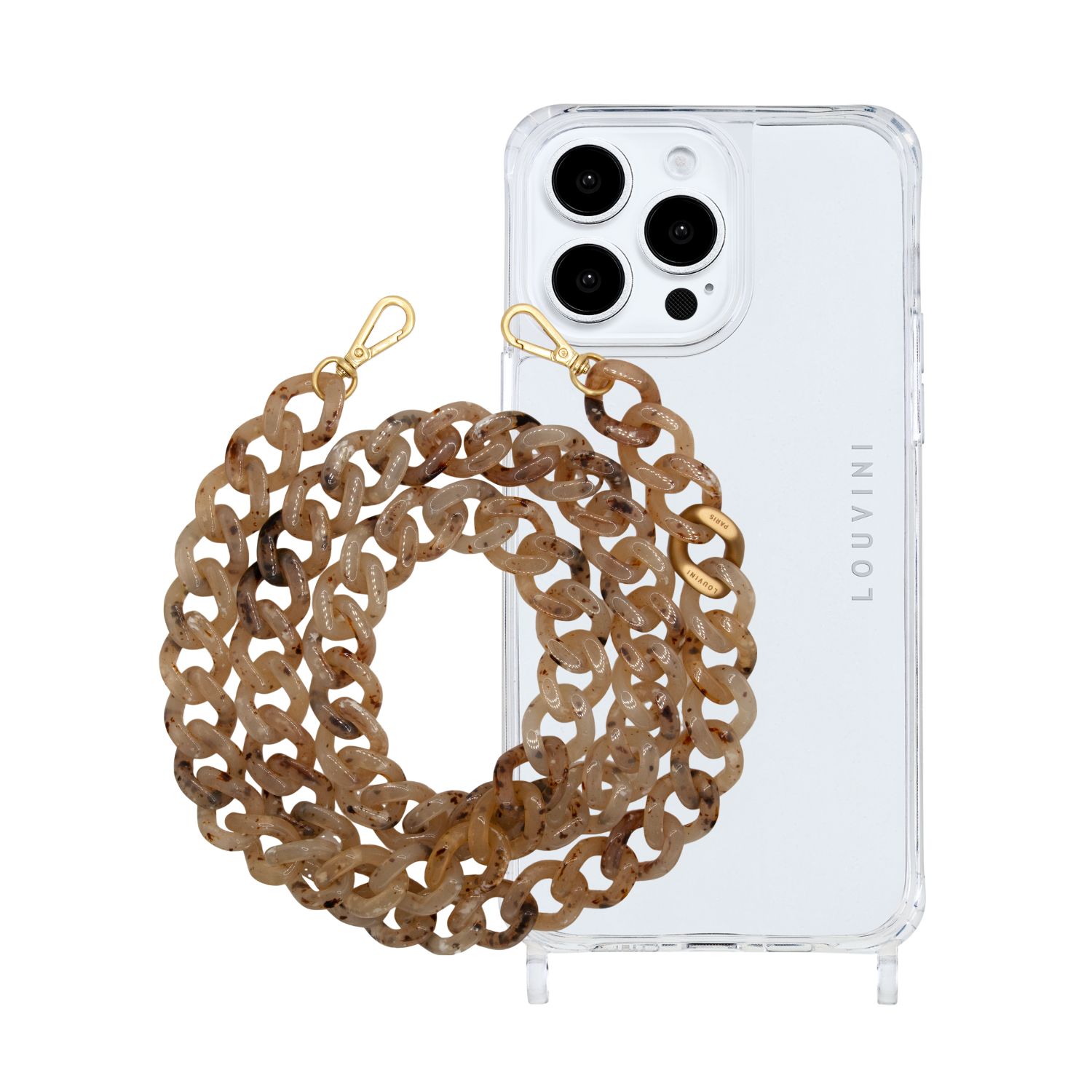 ensemble coque de téléphone transparente et chaîne beige ecaille