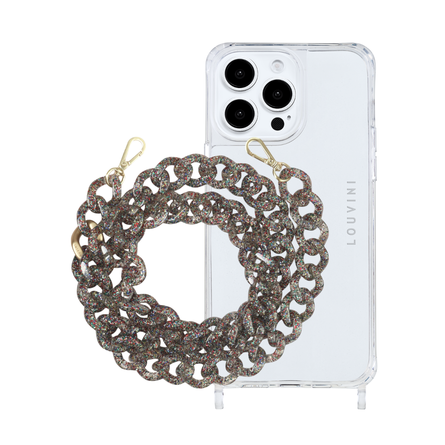 ensemble coque de téléphone transparente et chaîne paillette