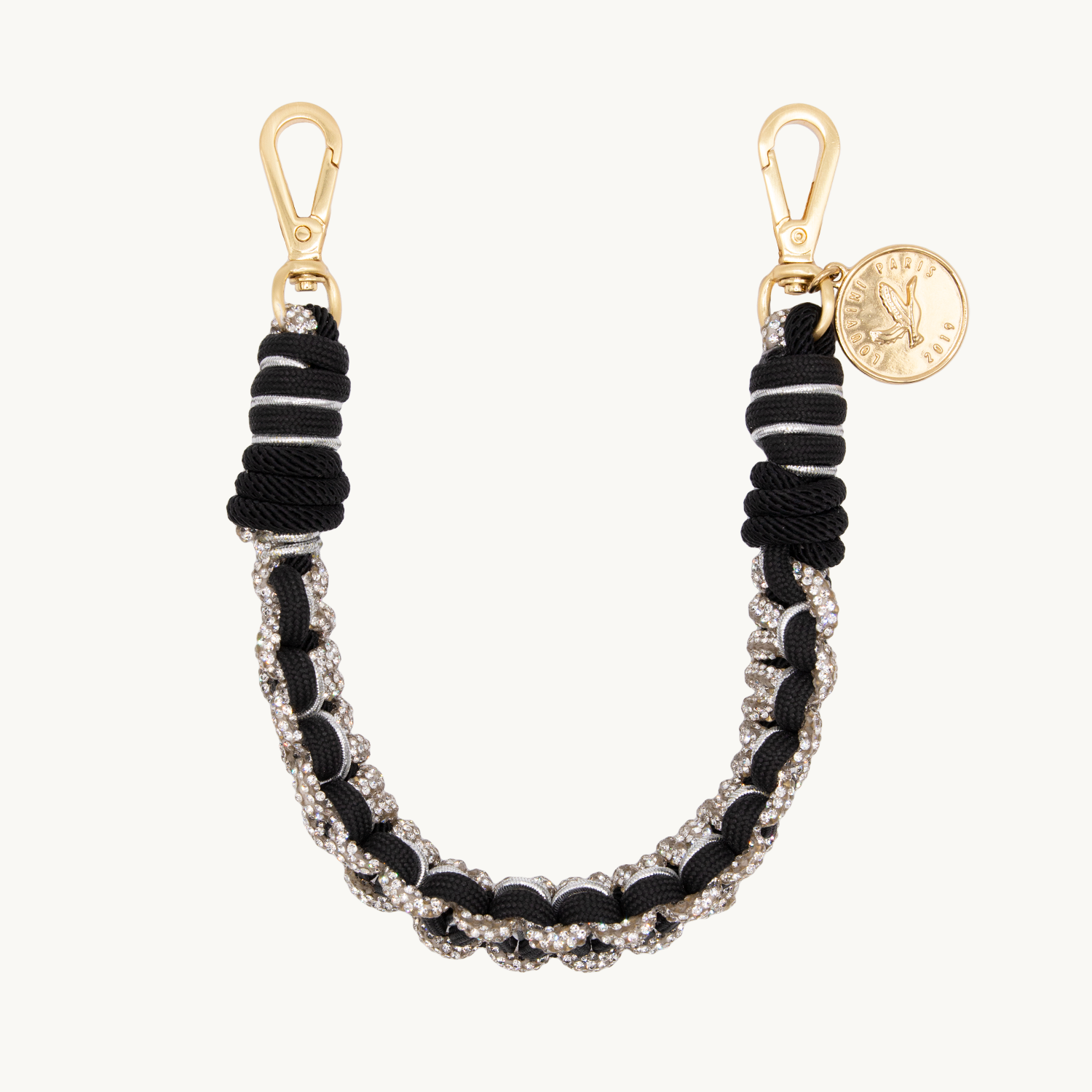 Bracelet de téléphone tressé à strass noir et argenté