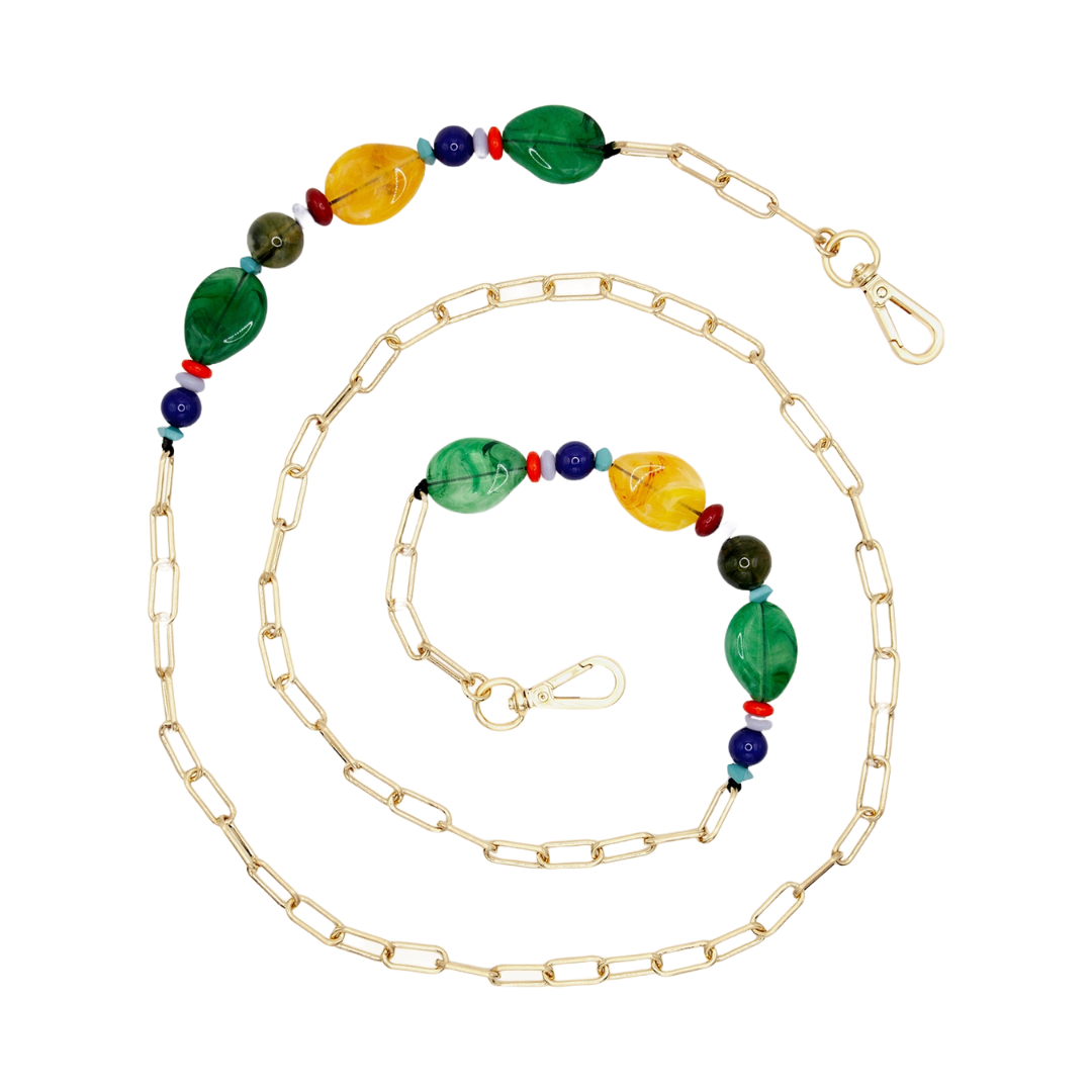 Chaîne dorée avec pierres en résine colorées et mousquetons dorés