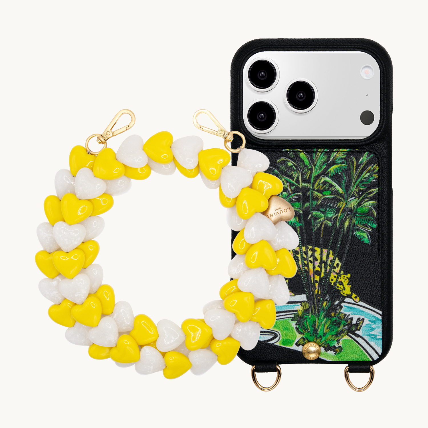Coque iPhone LOU X Filipe Jardim Noir & Chaîne CUORE Jaune-Blanc