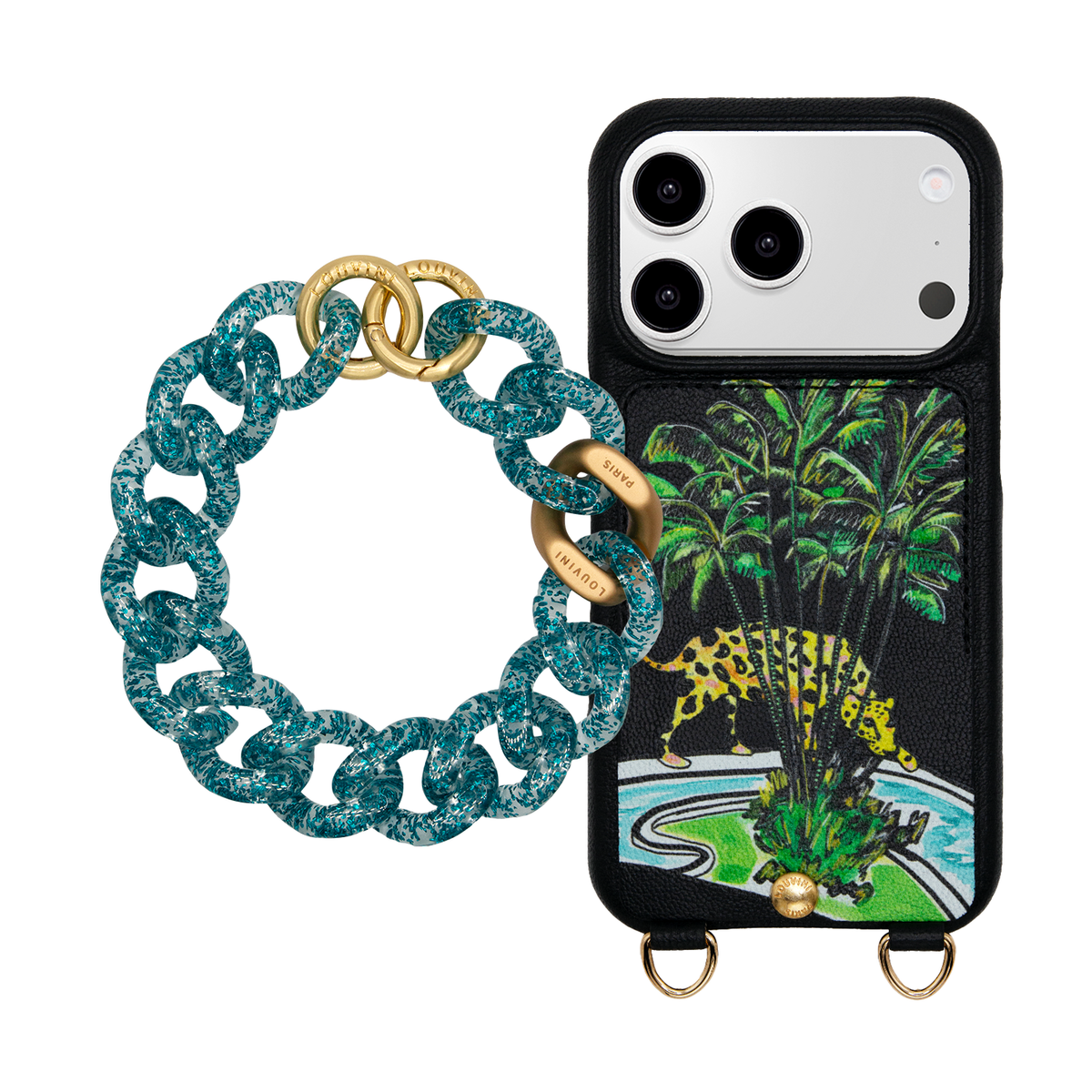 Coque iPhone LOU x FILIPE JARDIM Noir & Bracelet PETIT ZOE Bleu Pailleté