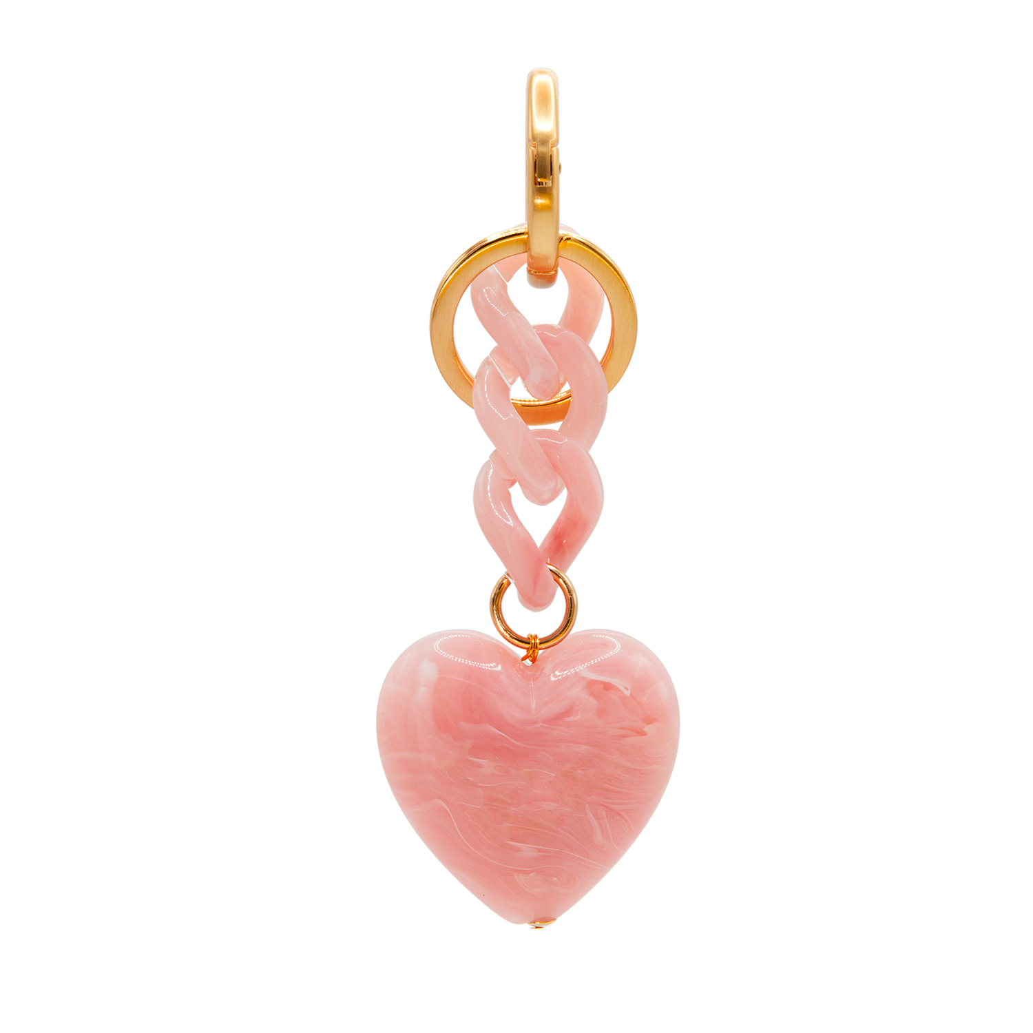 Porte-clés avec mousqueton doré, chaîne en résine rose et pendentif cœur effet marbre