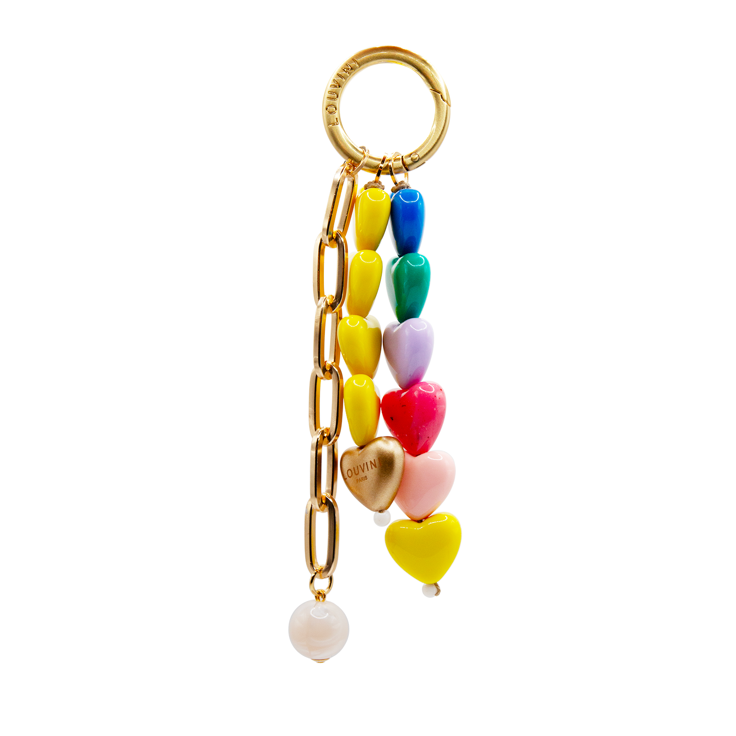 Grigri pour sac ou coque de téléphone, finitions dorées et petits cœurs colorés