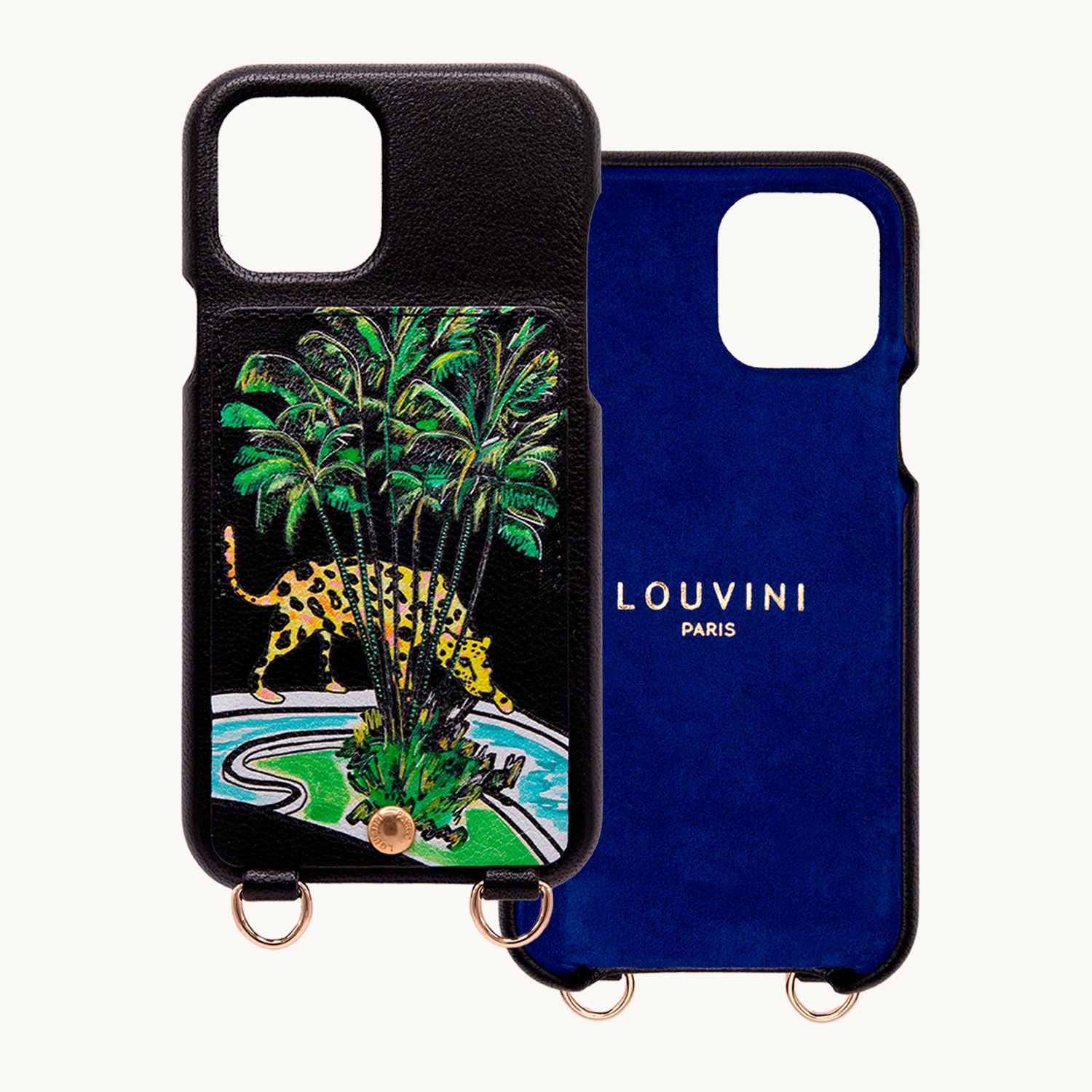 Coque iPhone cuir porte-carte avec anneaux LOU x FILIPE JARDIM - Noir