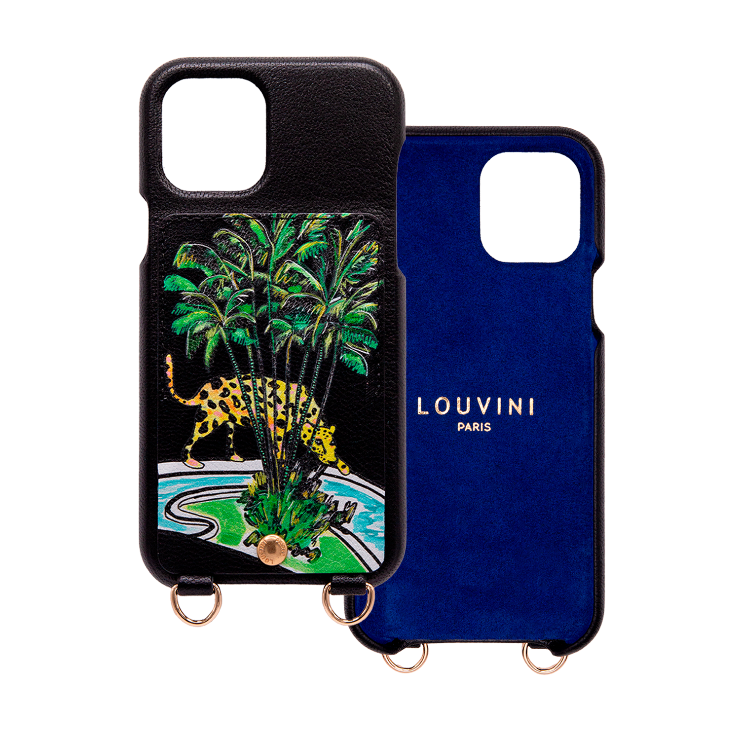 Coque iPhone cuir porte-carte avec anneaux LOU x FILIPE JARDIM - Noir