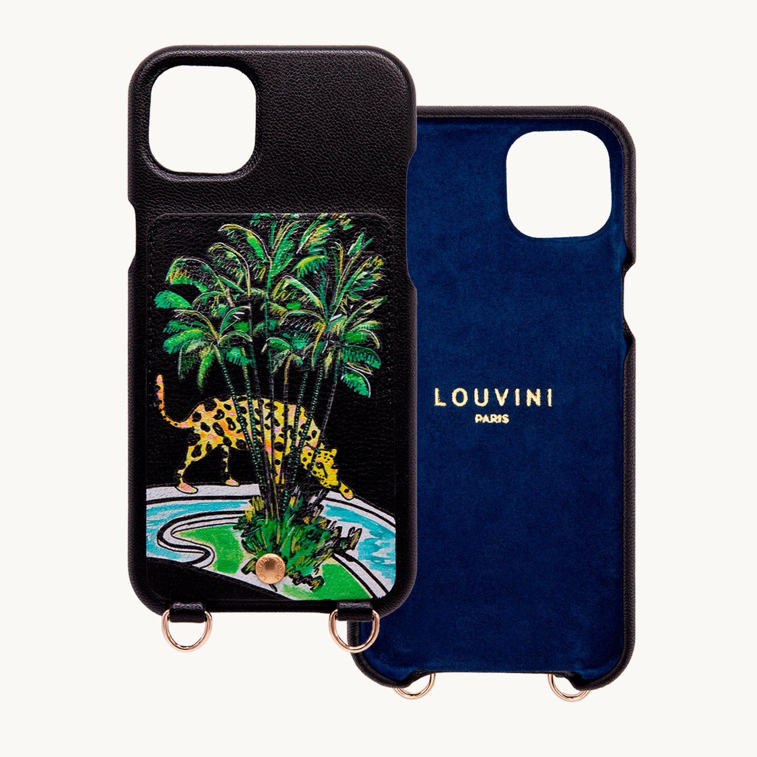 Coque iPhone cuir porte-carte avec anneaux LOU x FILIPE JARDIM - Noir