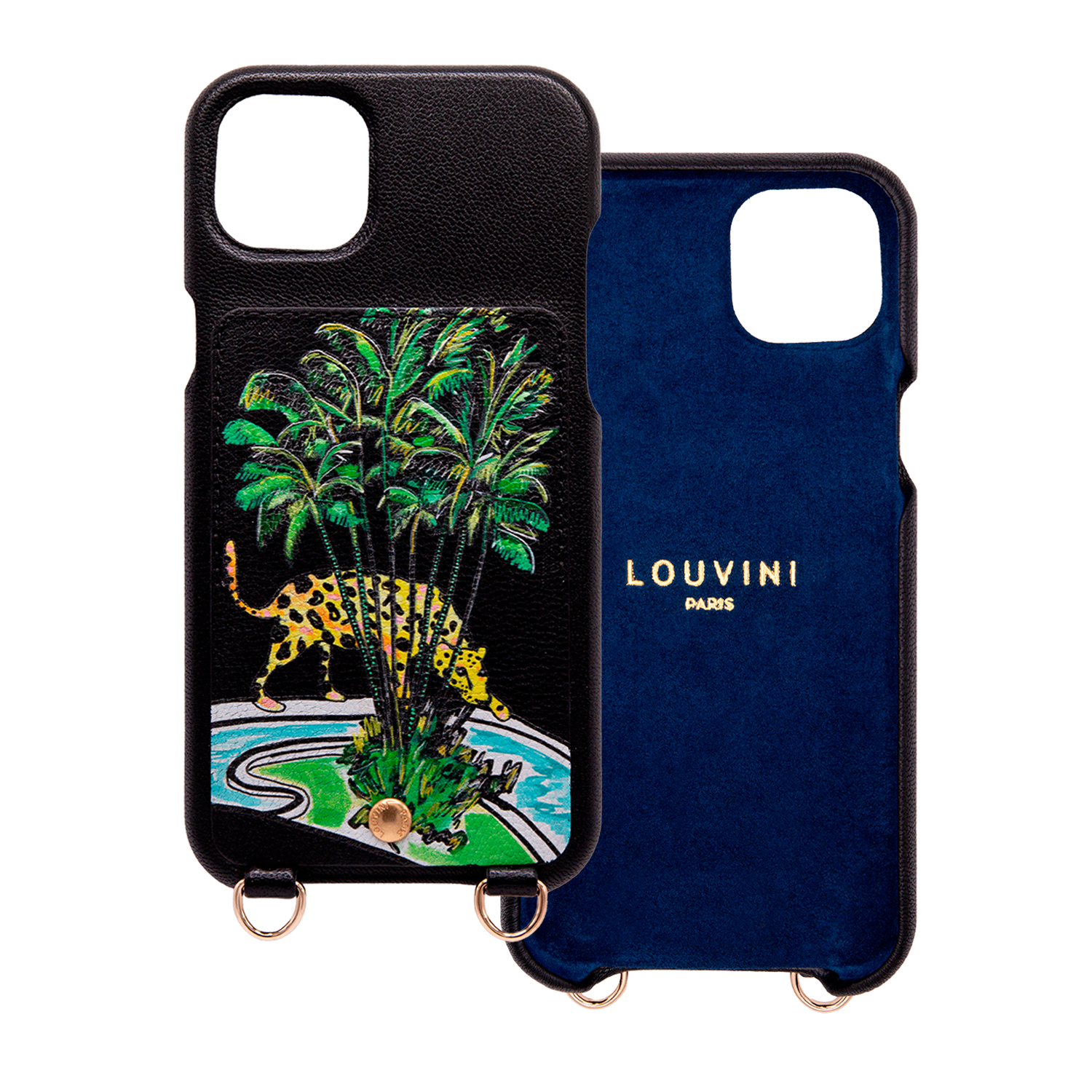 Coque iPhone cuir porte-carte avec anneaux LOU x FILIPE JARDIM - Noir