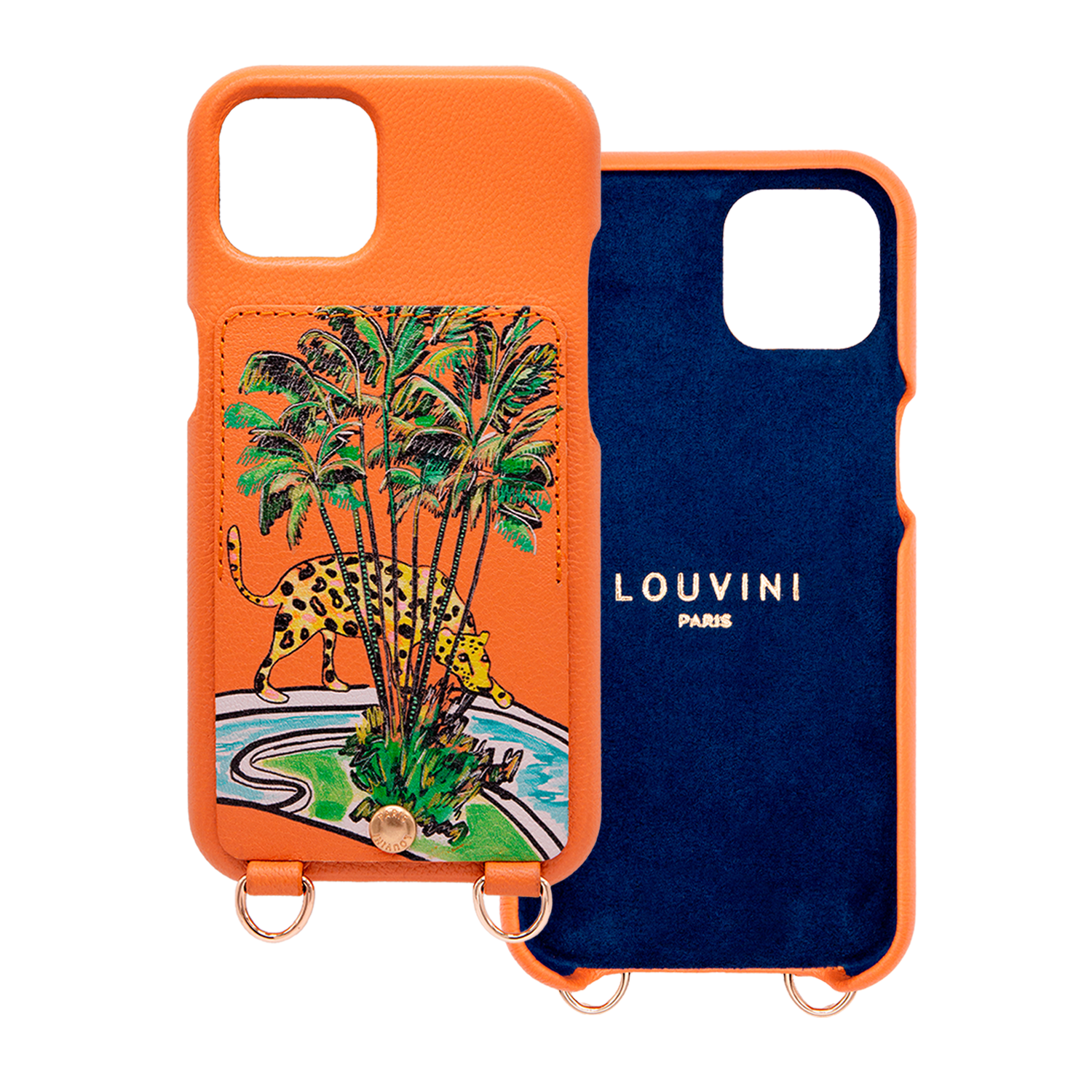 Coque iPhone cuir porte-carte avec anneaux LOU x FILIPE JARDIM - Orange