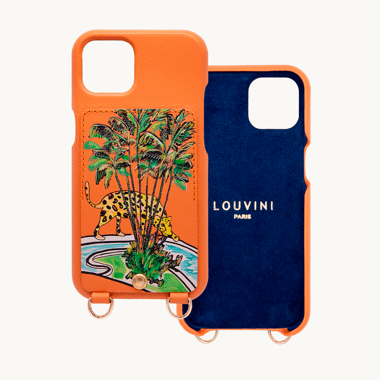 Coque iPhone cuir porte-carte avec anneaux LOU x FILIPE JARDIM - Orange
